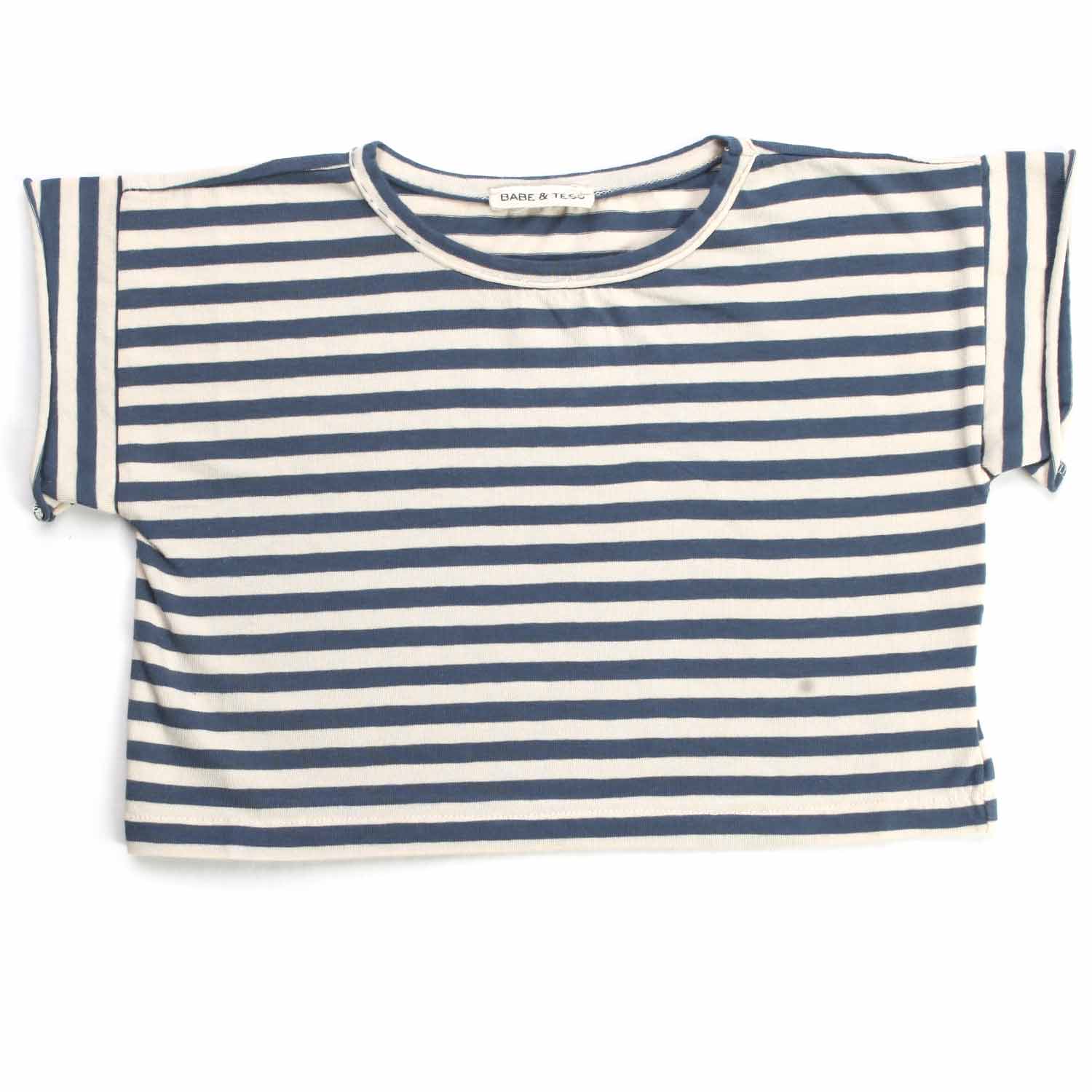 T-SHIRT CROPPED BEIGE E BLU A RIGHE BAMBINA - annameglio.com abbigliamento moda