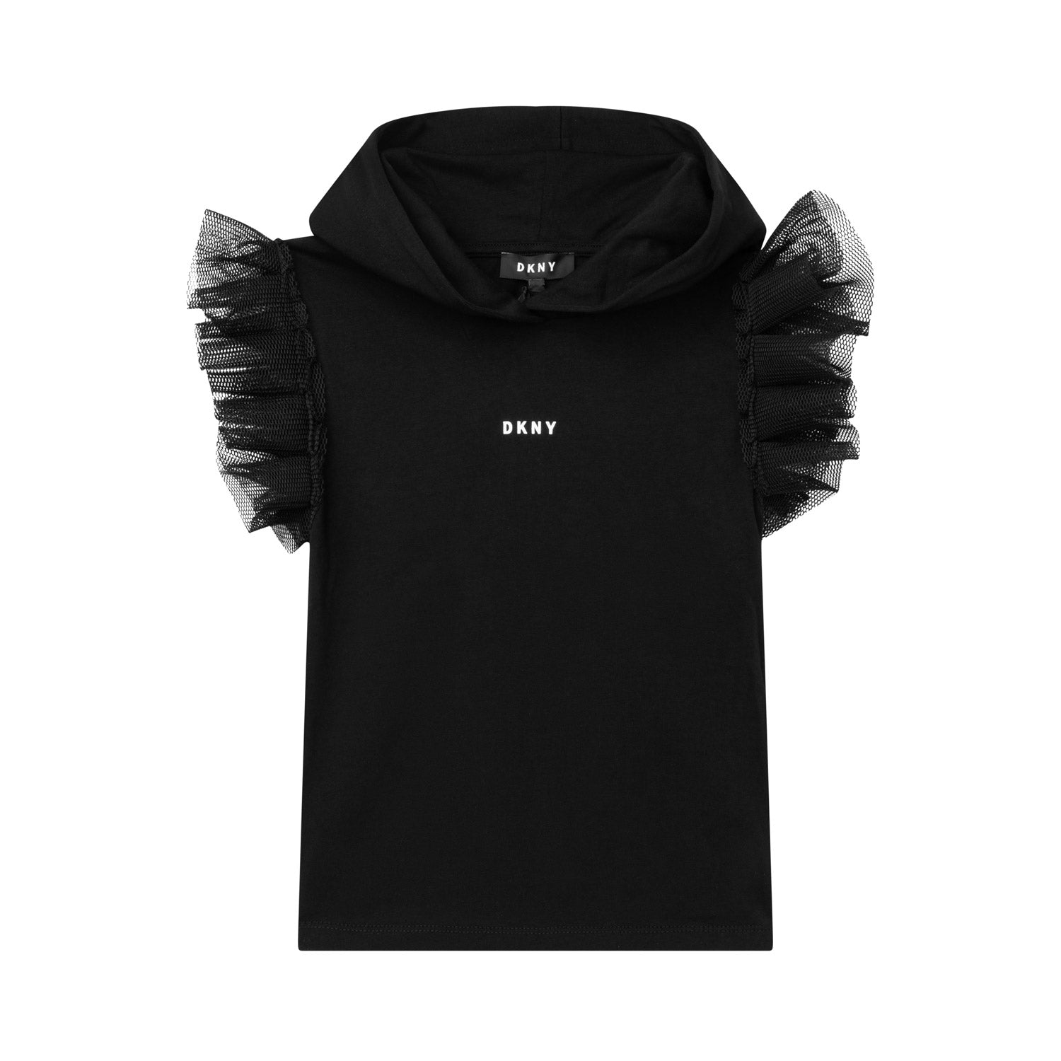 T-SHIRT NERA CON CAPPUCCIO E MANICHE IN TULLE - annameglio.com abbigliamento moda