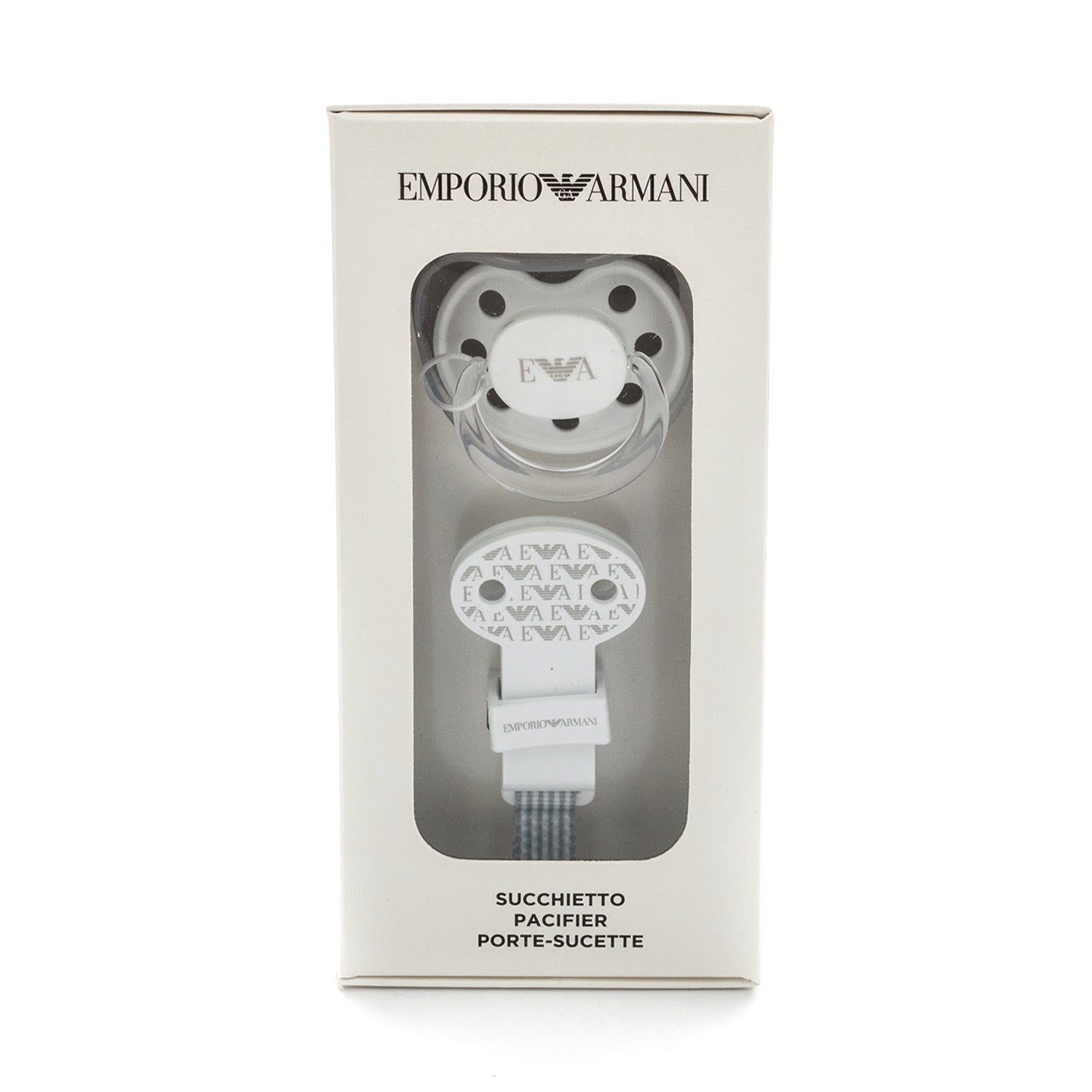 SET BABY CARE BIANCO E GRIGIO CON CIUCCIO E CLIP - annameglio.com abbigliamento moda