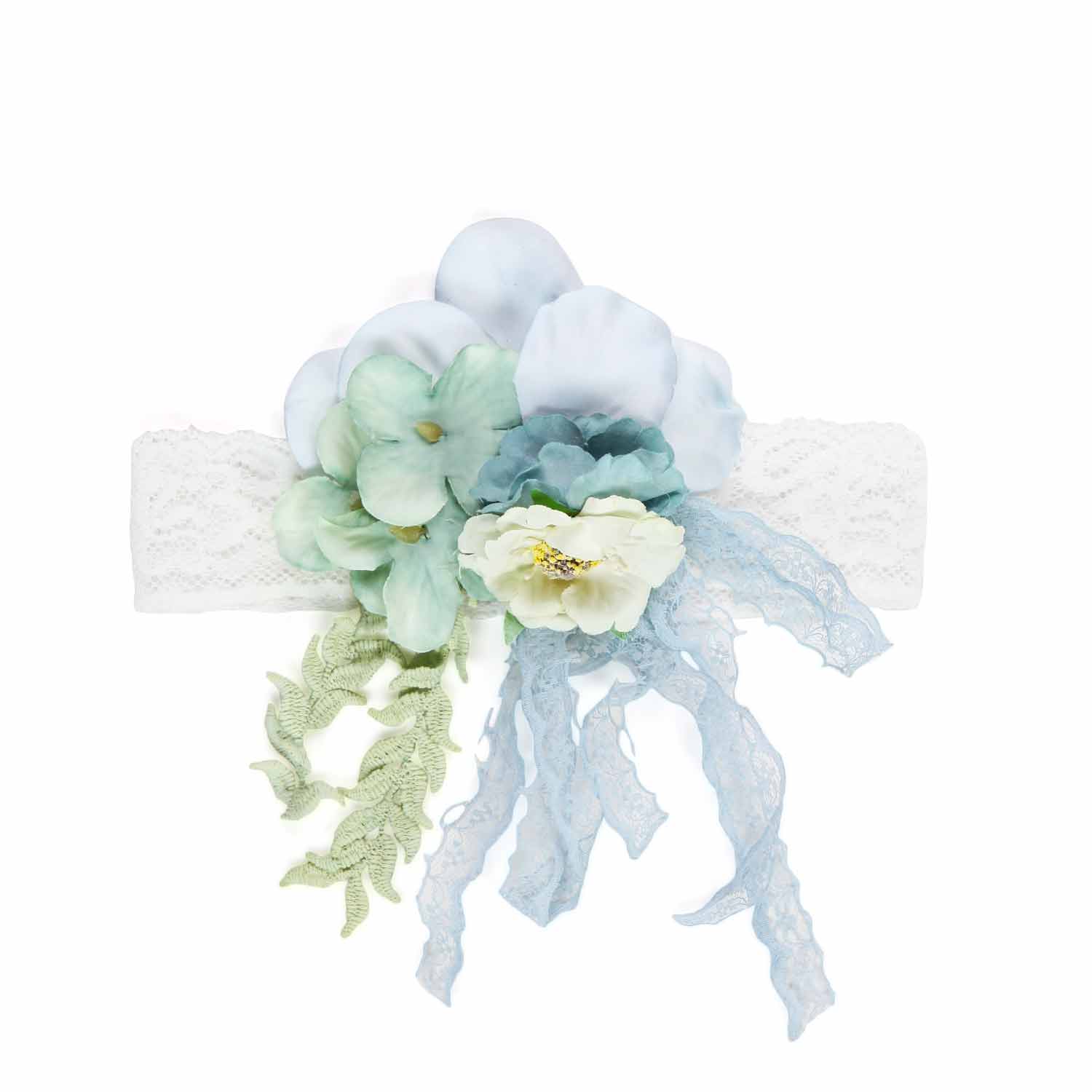 FASCIA CAPELLI FLOREALE BIANCA E CELESTE NEONATA - annameglio.com abbigliamento moda