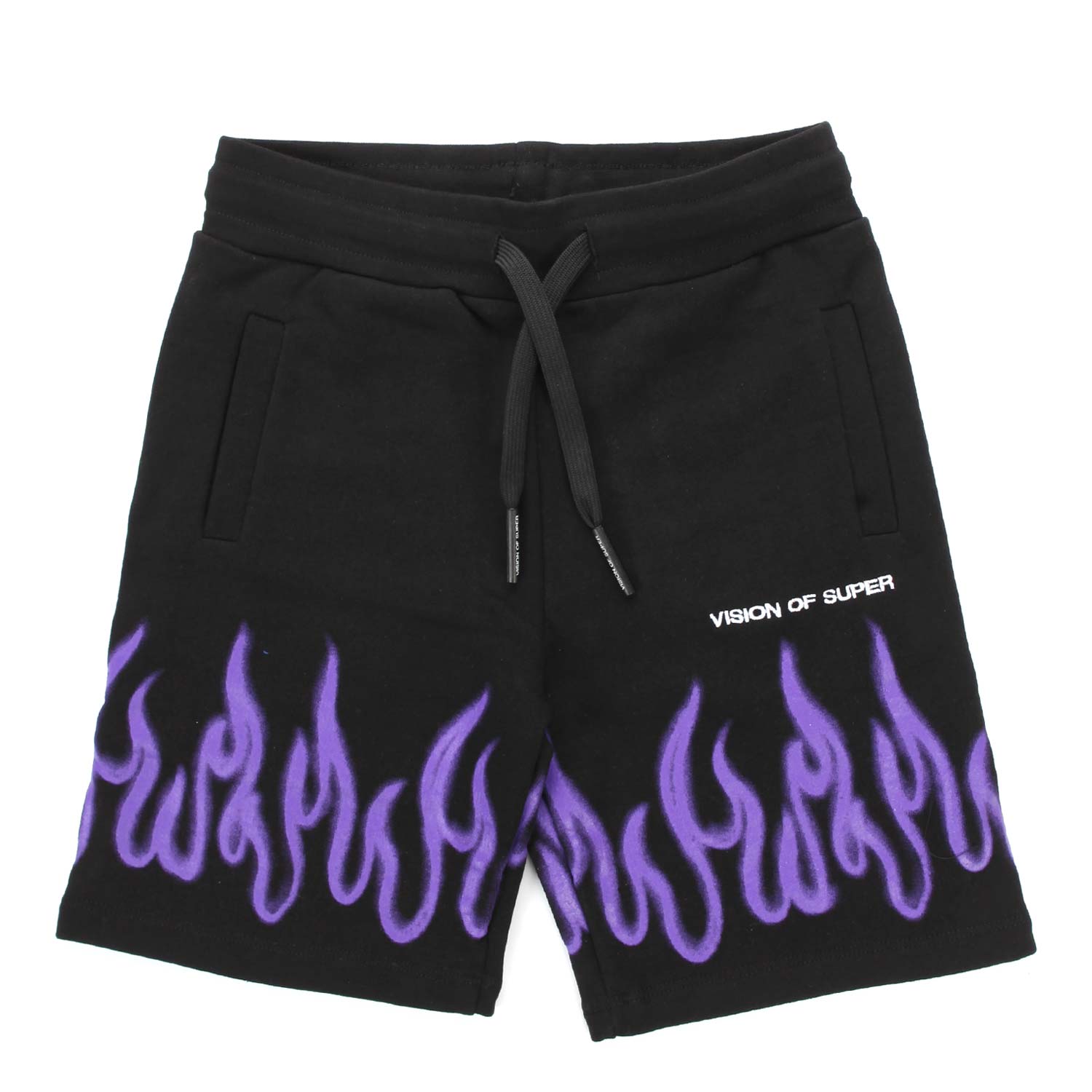 SHORTS IN FELPA NERI CON FIAMME VIOLA - annameglio.com abbigliamento moda