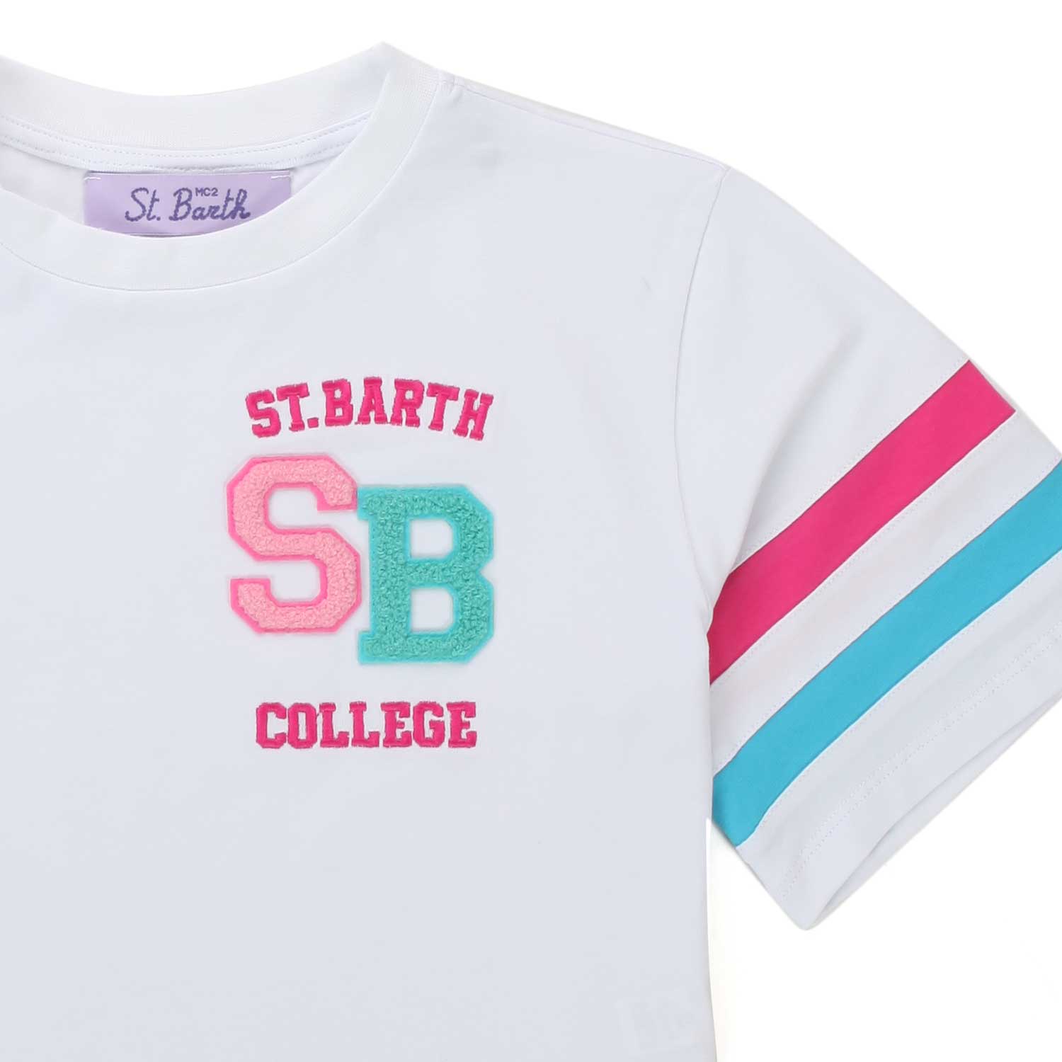 T-SHIRT CROPPED BIANCA CON STRISCE FUCSIA E BLU - annameglio.com abbigliamento moda