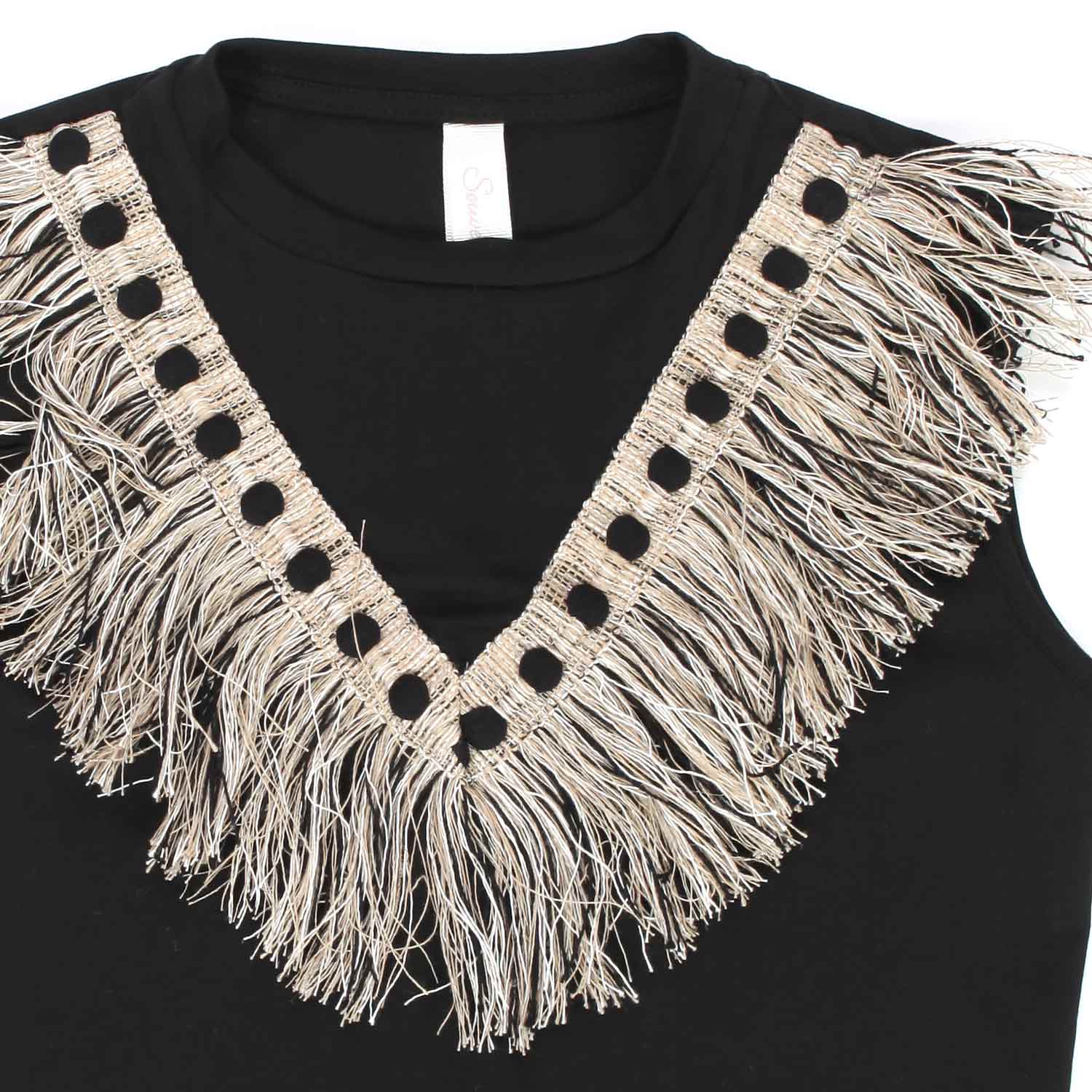 TOP CANOTTA NERO CON FRANGE BAMBINA E TEEN - annameglio.com abbigliamento moda