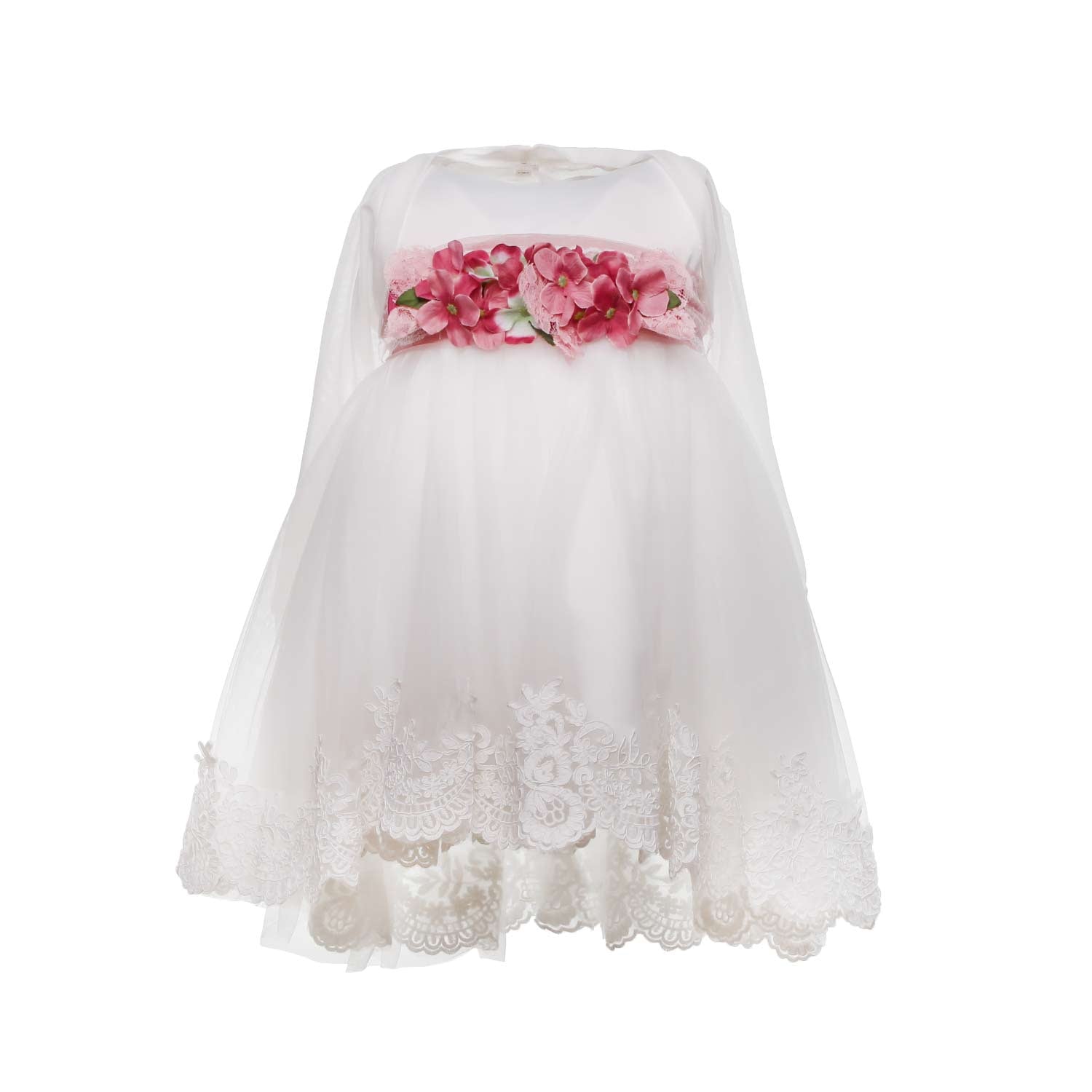 ABITO BATTESIMO AVORIO CON CINTA FLOREALE ROSA - annameglio.com abbigliamento moda