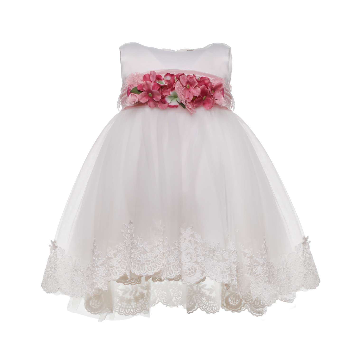ABITO BATTESIMO AVORIO CON CINTA FLOREALE ROSA - annameglio.com abbigliamento moda