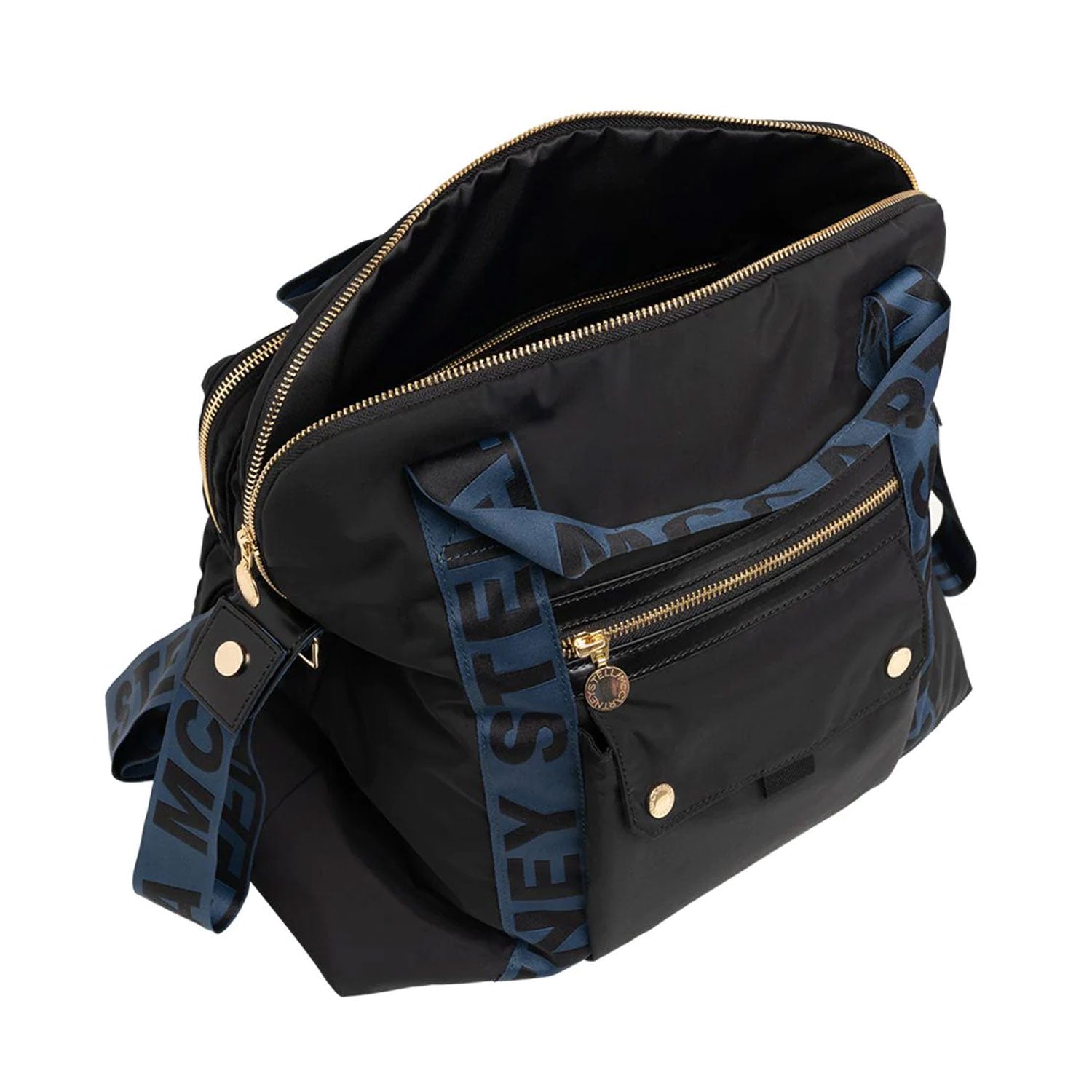 BORSA FASCIATOIO NERA CON MANICI E TRACOLLA BLU - annameglio.com abbigliamento moda