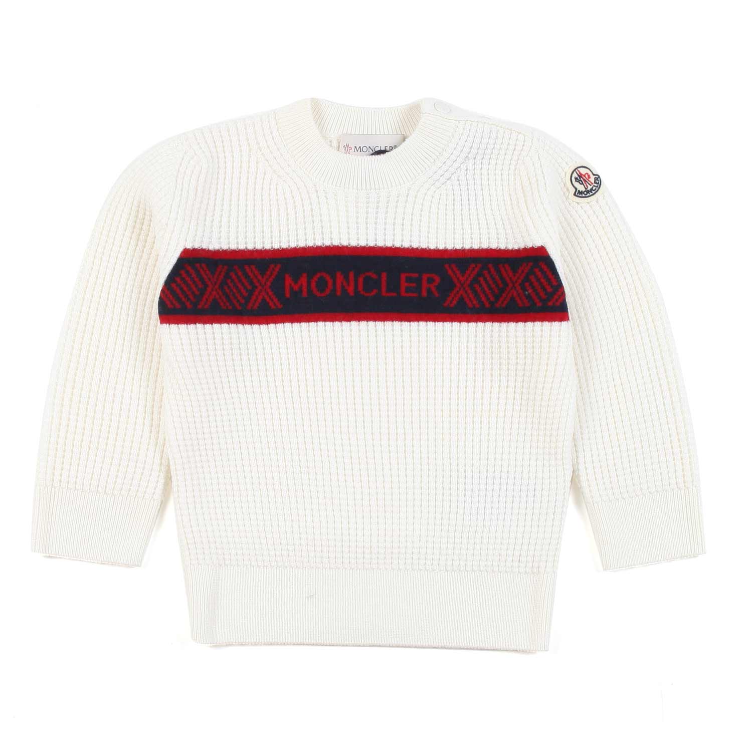 MAGLIONE BIMBO BIANCO LATTE CON LOGO ROSSO E BLU - annameglio.com abbigliamento moda