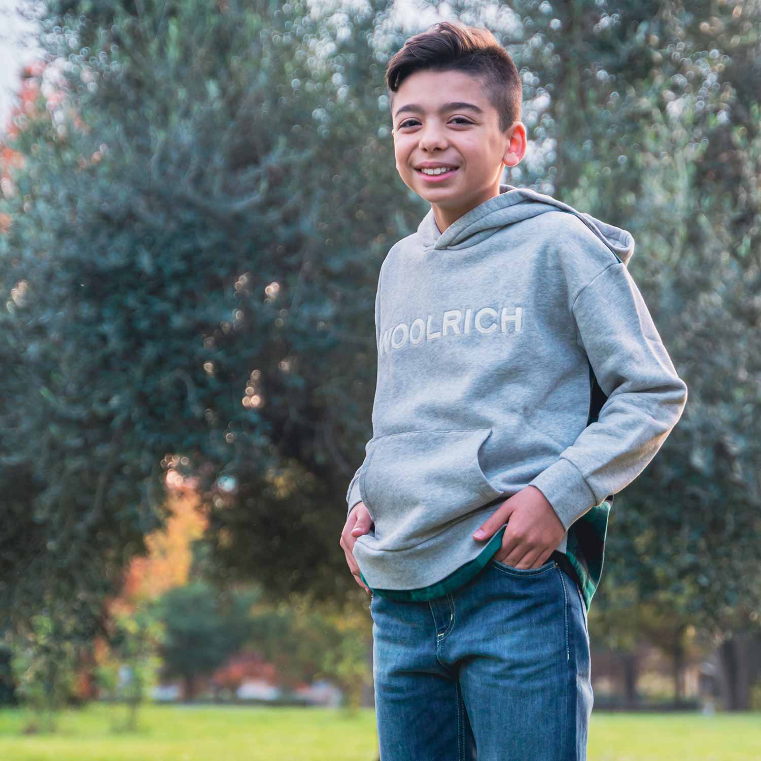 FELPA HOODIE GRIGIA CON PANNELLO CHECK VERDE - annameglio.com abbigliamento moda