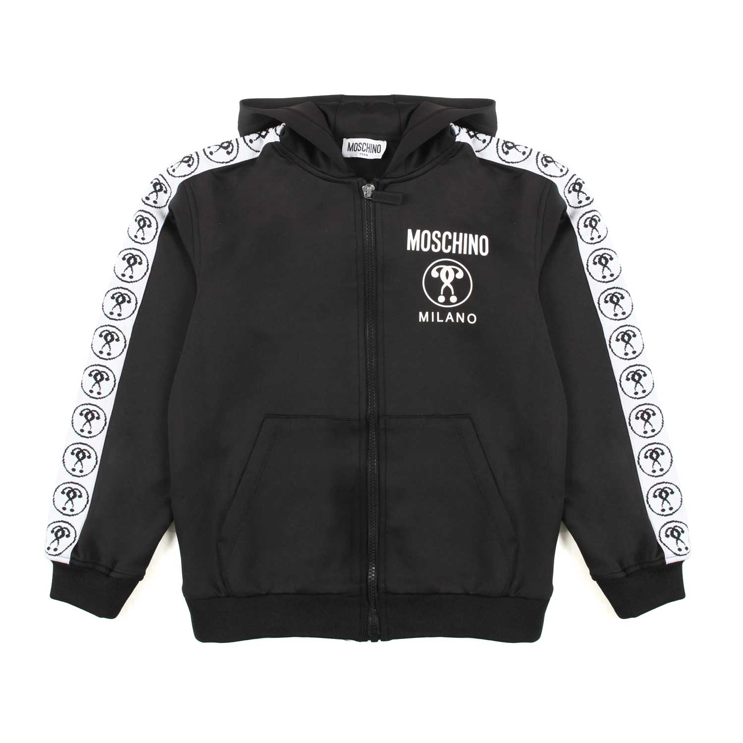 FELPA NERA CON CAPPUCCIO, ZIP E STRISCE BIANCHE - annameglio.com abbigliamento moda