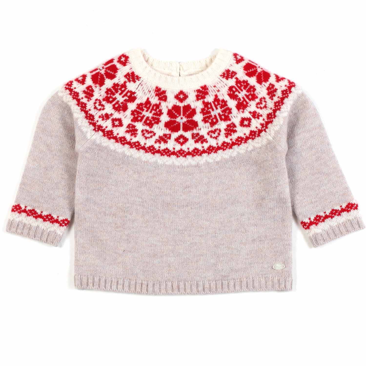 PULLOVER TORTORA CON DECORAZIONI BIANCHE E ROSSE - annameglio.com abbigliamento moda