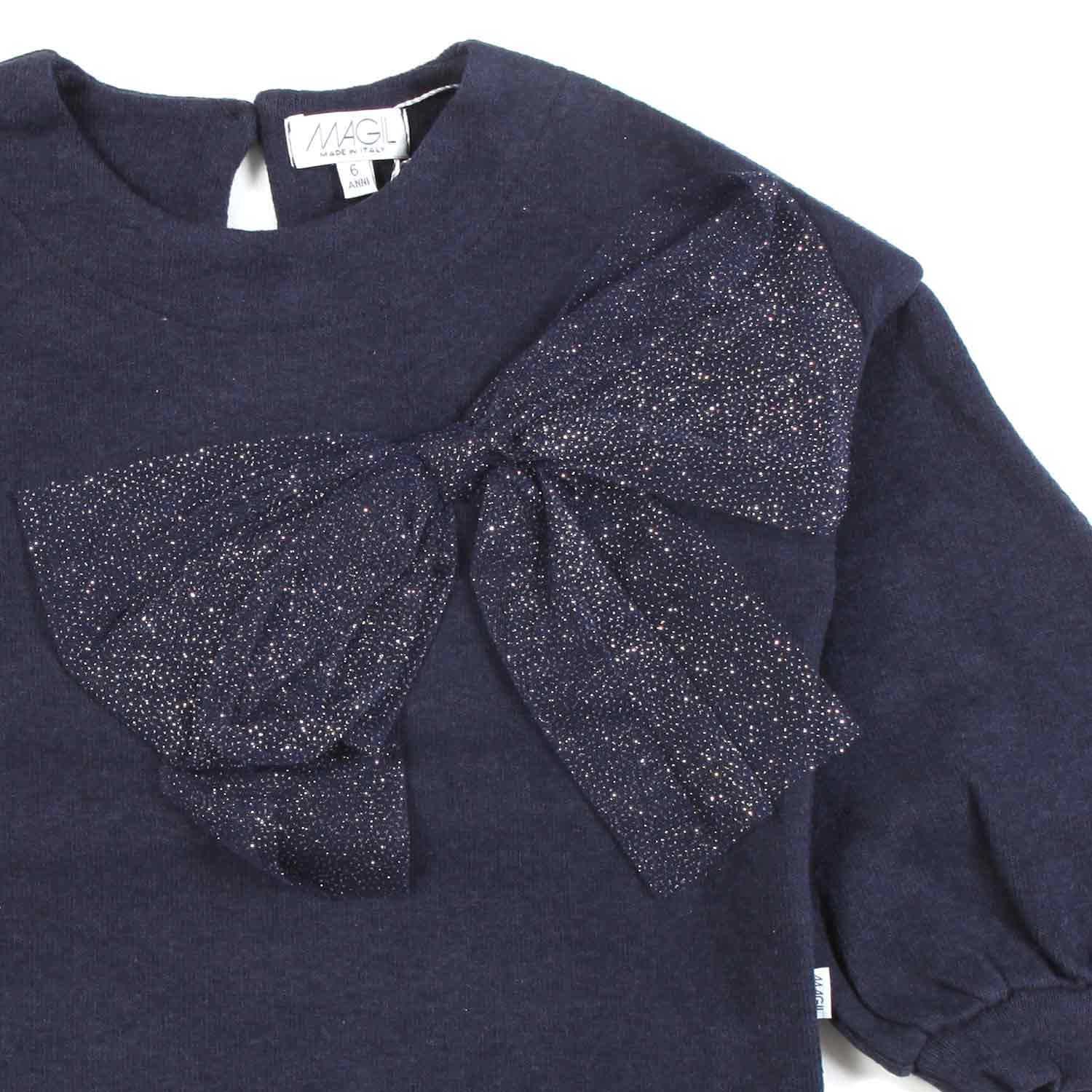 MAGLIA BLU NAVY CON FIOCCO GLITTER BAMBINA - annameglio.com abbigliamento moda