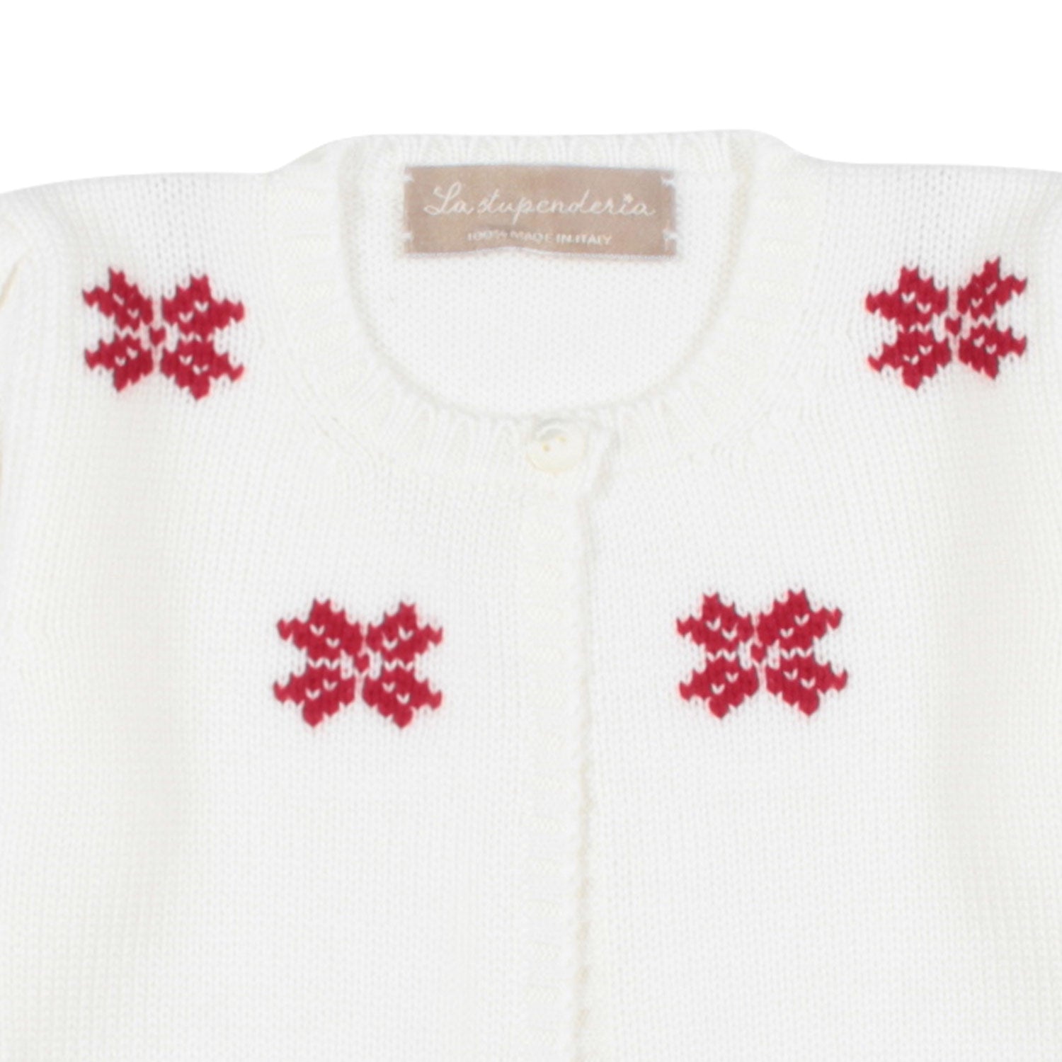CARDIGAN BIANCO LATTE CON INTARSI ROSSI NEONATA - annameglio.com abbigliamento moda