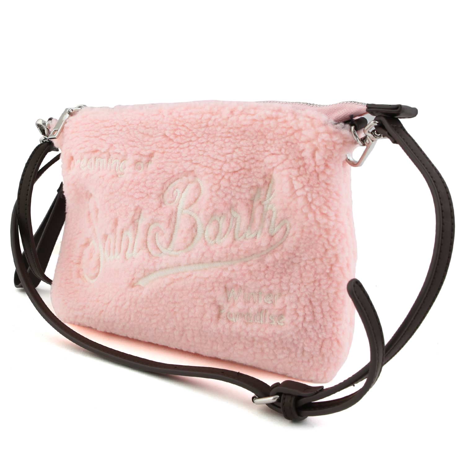 BORSETTA PARISIENNE SHERPA ROSA CON LOGHI BIANCHI - annameglio.com abbigliamento moda