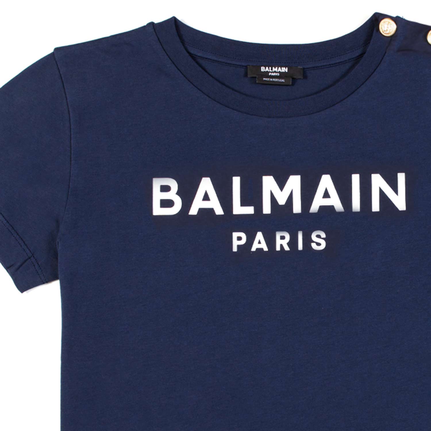 T-SHIRT BLU CON LOGO BIANCO E BOTTONI ORO - annameglio.com abbigliamento moda