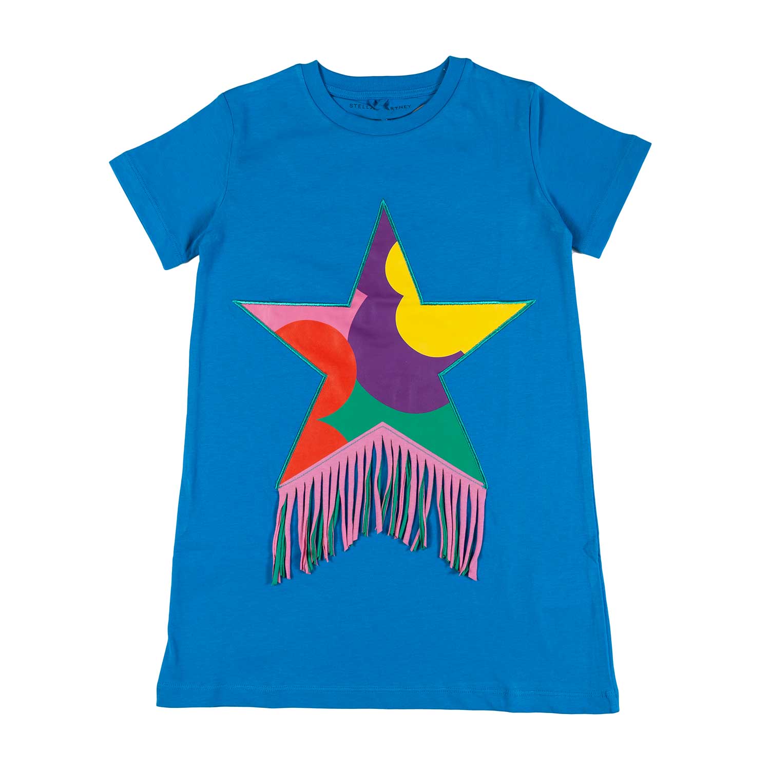 VESTITO AZZURRO CON STELLA MULTICOLOR E FRANGE - annameglio.com abbigliamento moda