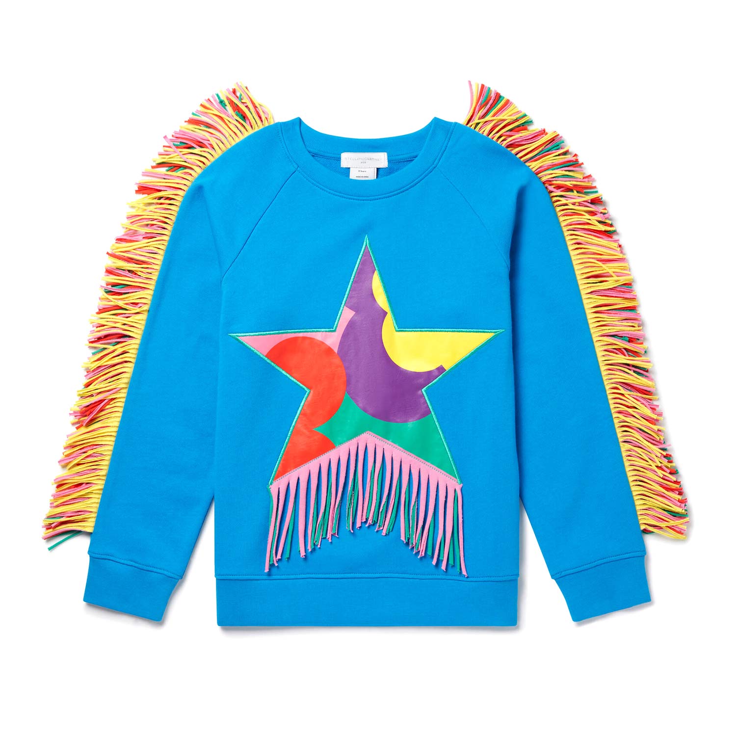 MAXI FELPA CELESTE CON STELLA E FRANGE MULTICOLOR - annameglio.com abbigliamento moda