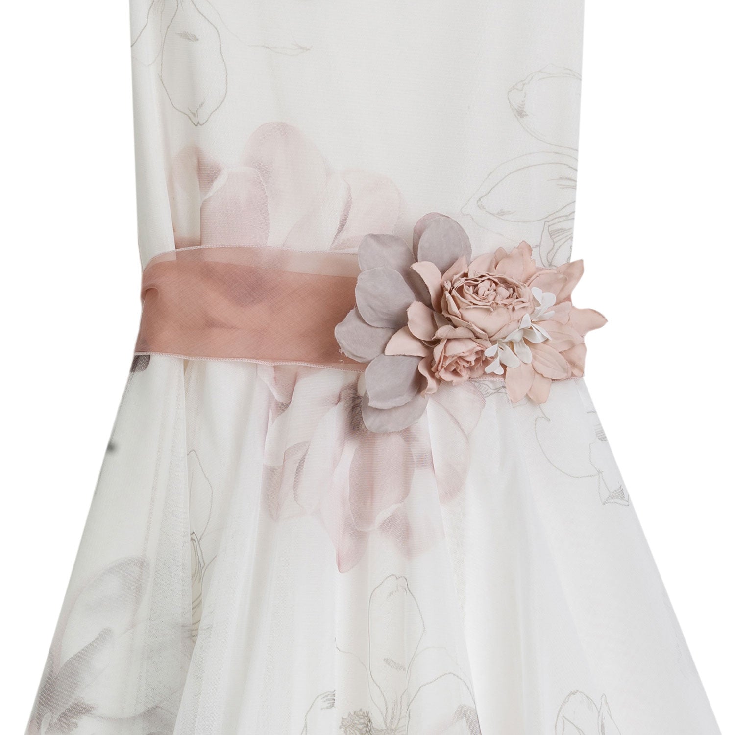 ABITO FLOREALE BIANCO IN TULLE CON CINTURA SALMONE - annameglio.com abbigliamento moda