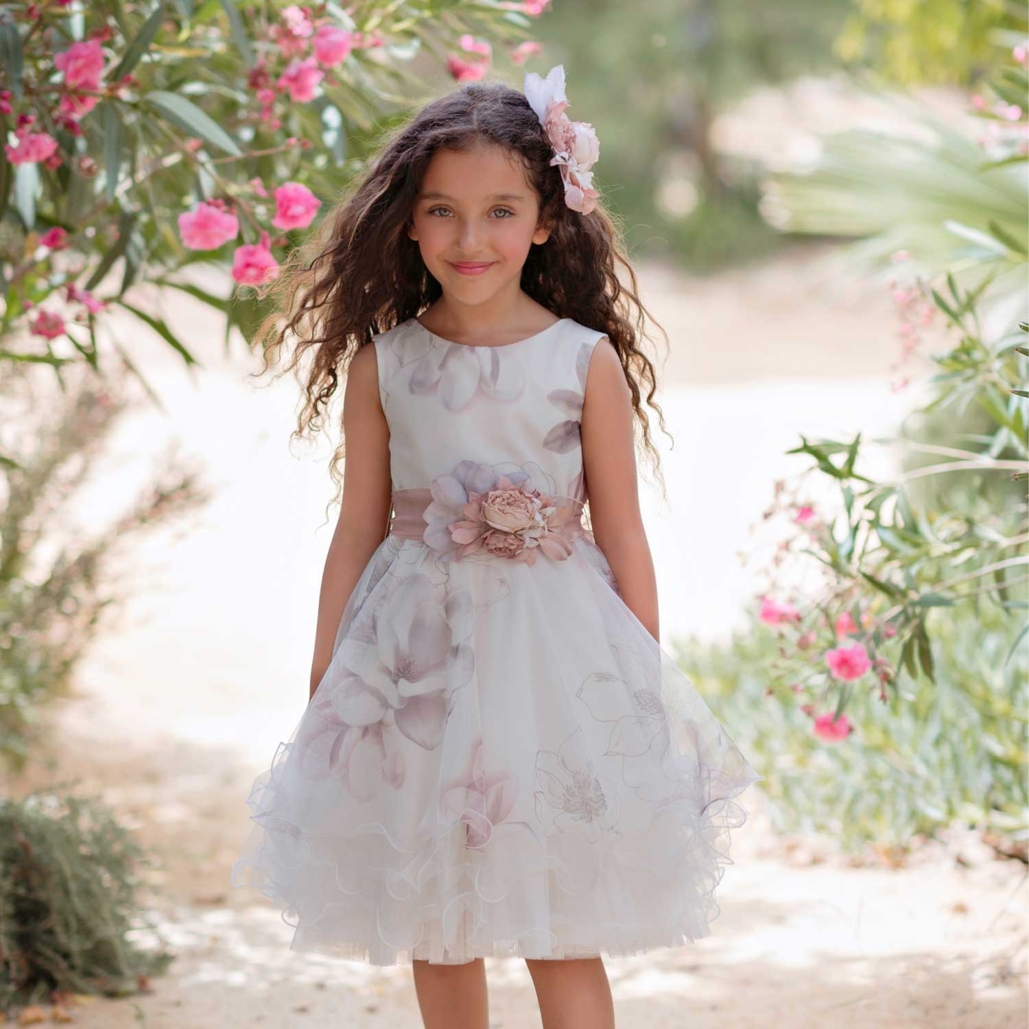 ABITO FLOREALE BIANCO IN TULLE CON CINTURA SALMONE - annameglio.com abbigliamento moda