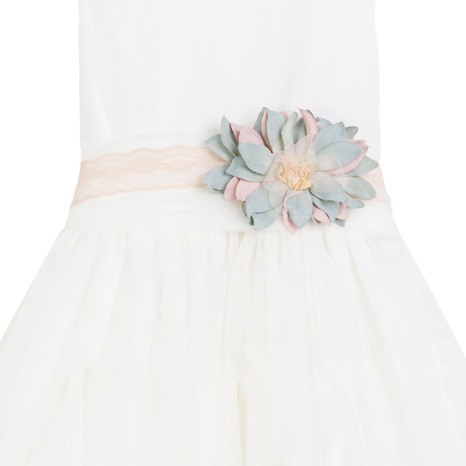 ABITO TULLE BIANCO CON SPILLA FIORE CELESTE E ROSA - annameglio.com abbigliamento moda