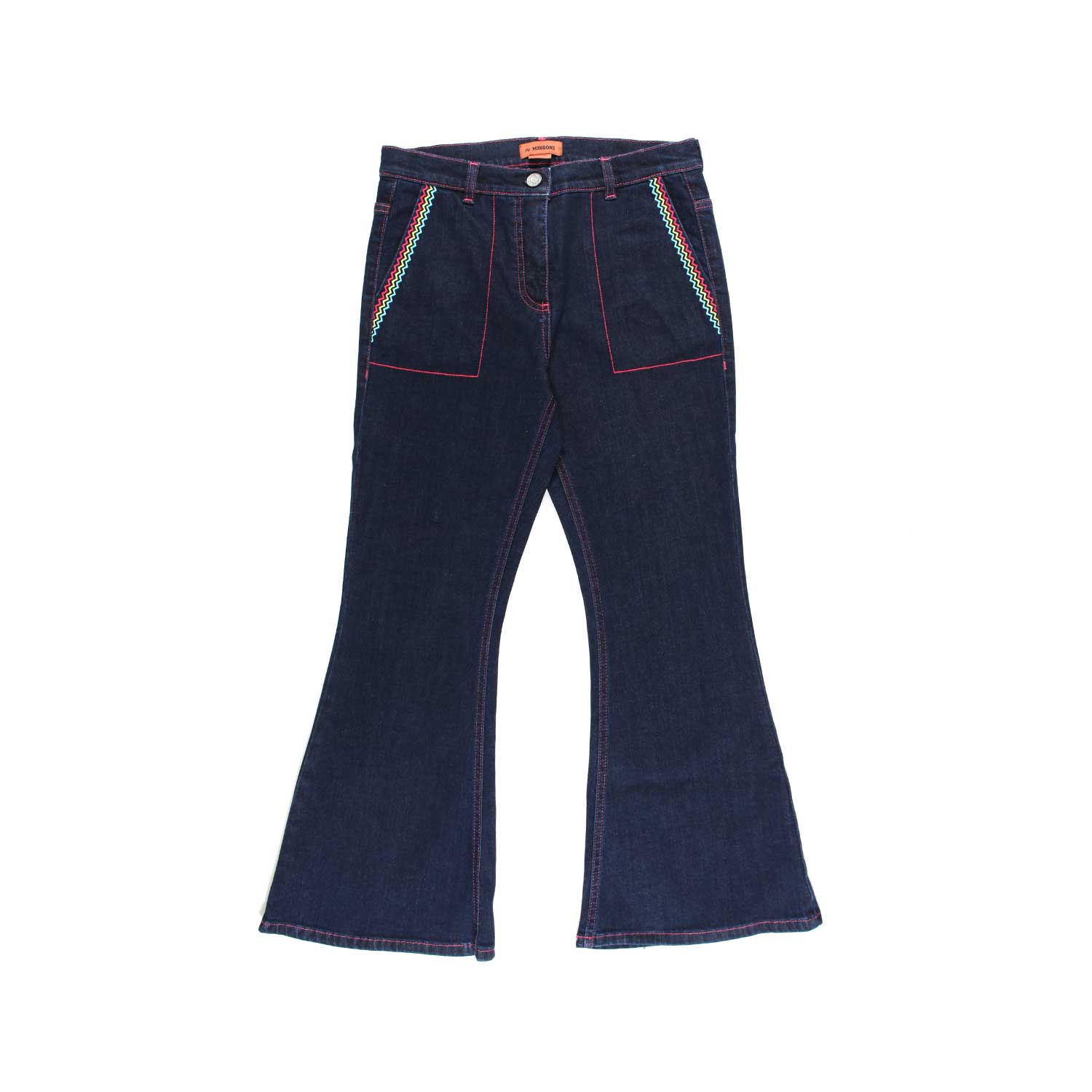 JEANS BLU SCURO A ZAMPA CON ZIG ZAG MULTICOLOR - annameglio.com abbigliamento moda