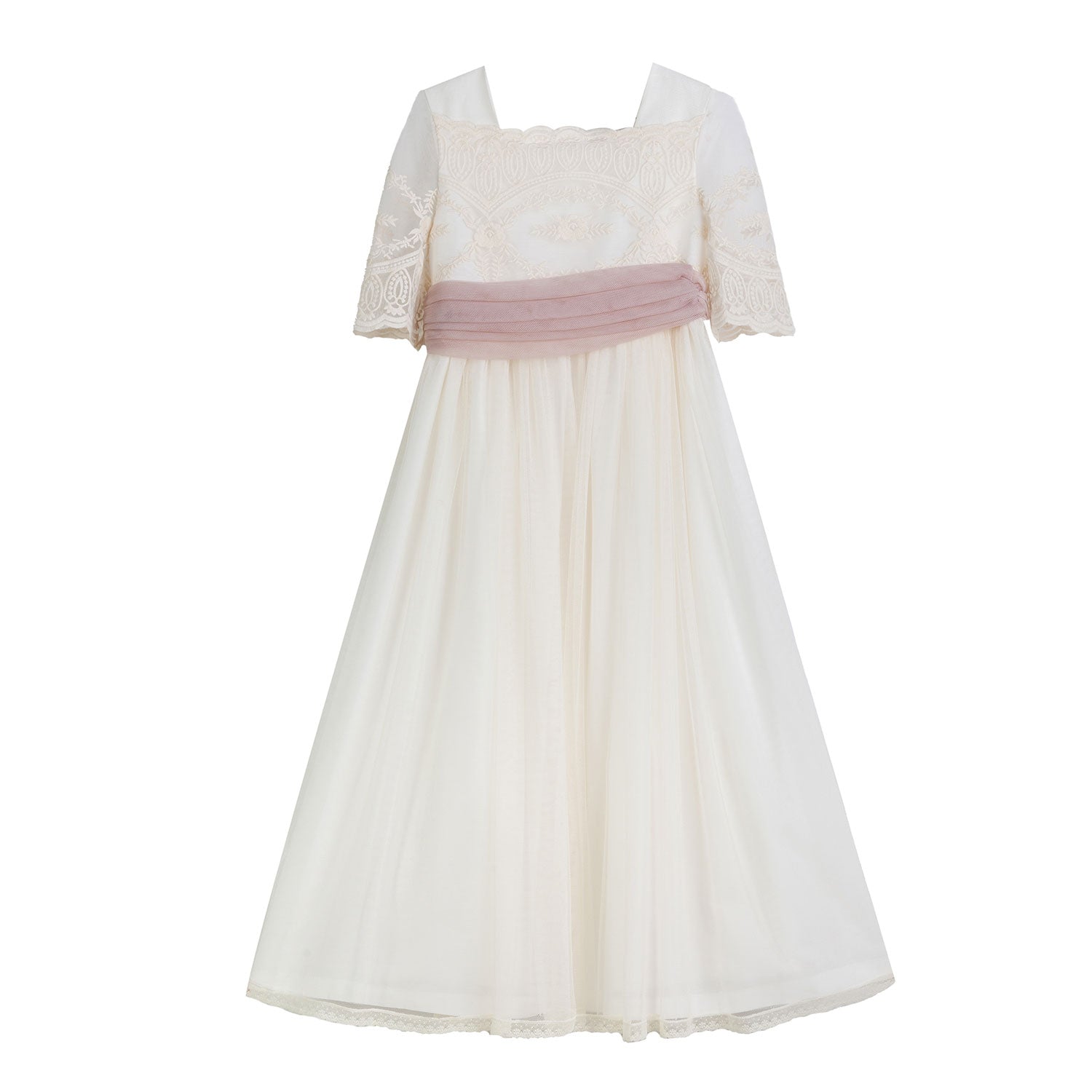 ABITO MIDI BIANCO NATURALE CON CINTURA TULLE ROSA - annameglio.com abbigliamento moda