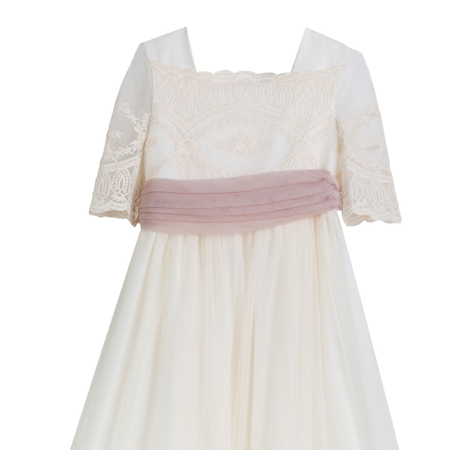 ABITO MIDI BIANCO NATURALE CON CINTURA TULLE ROSA - annameglio.com abbigliamento moda