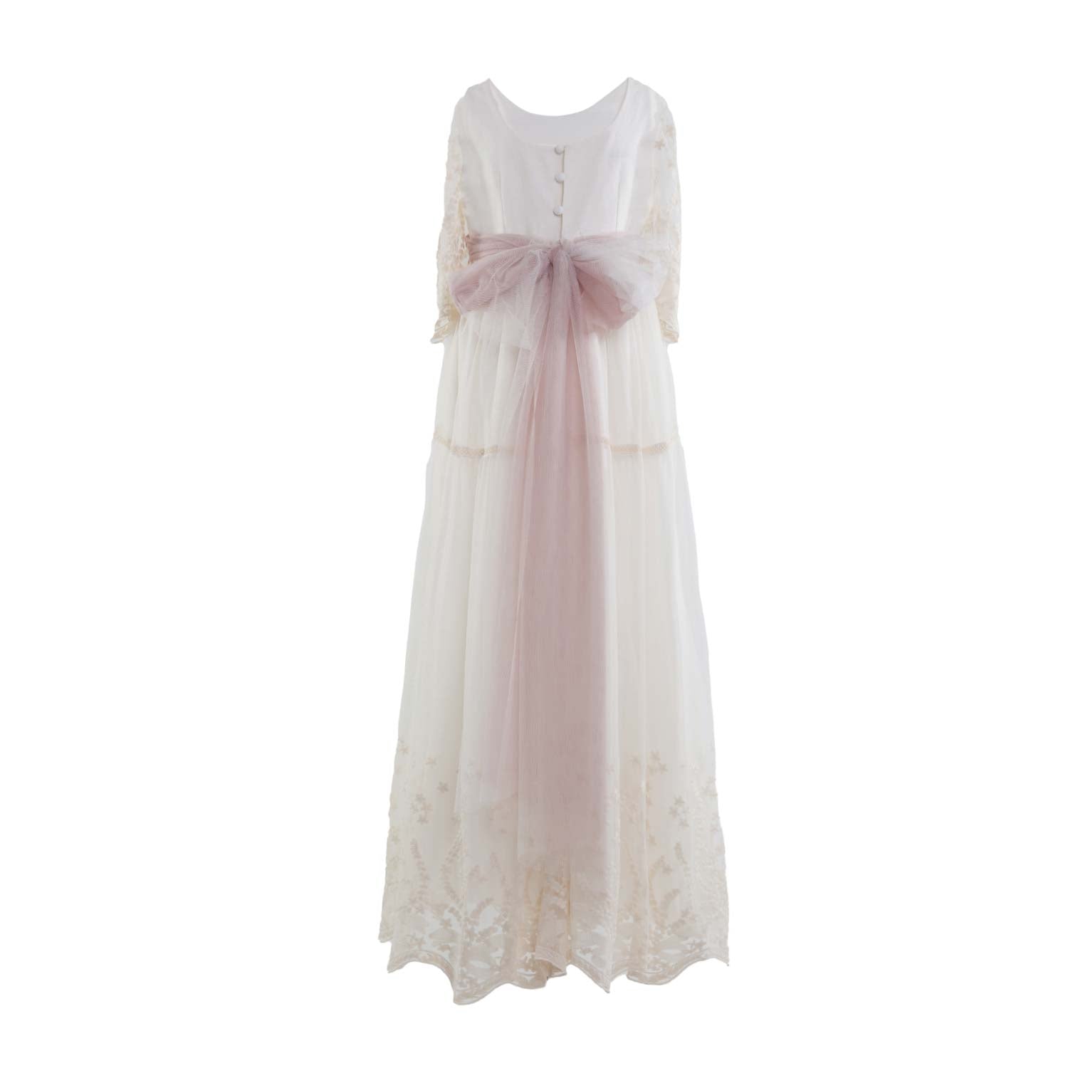 ABITO LUNGO BIANCO NATURALE CON CINTA TULLE ROSA - annameglio.com abbigliamento moda