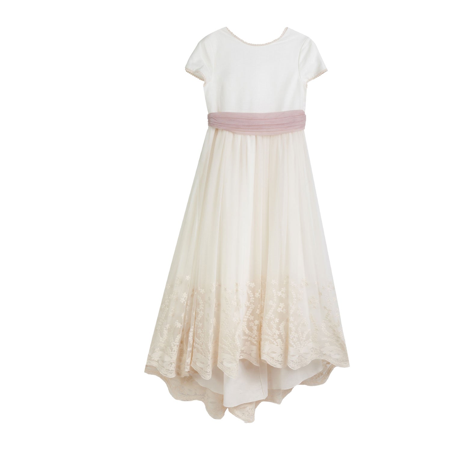 ABITO LUNGO BIANCO NATURALE CON CINTURA TULLE ROSA - annameglio.com abbigliamento moda