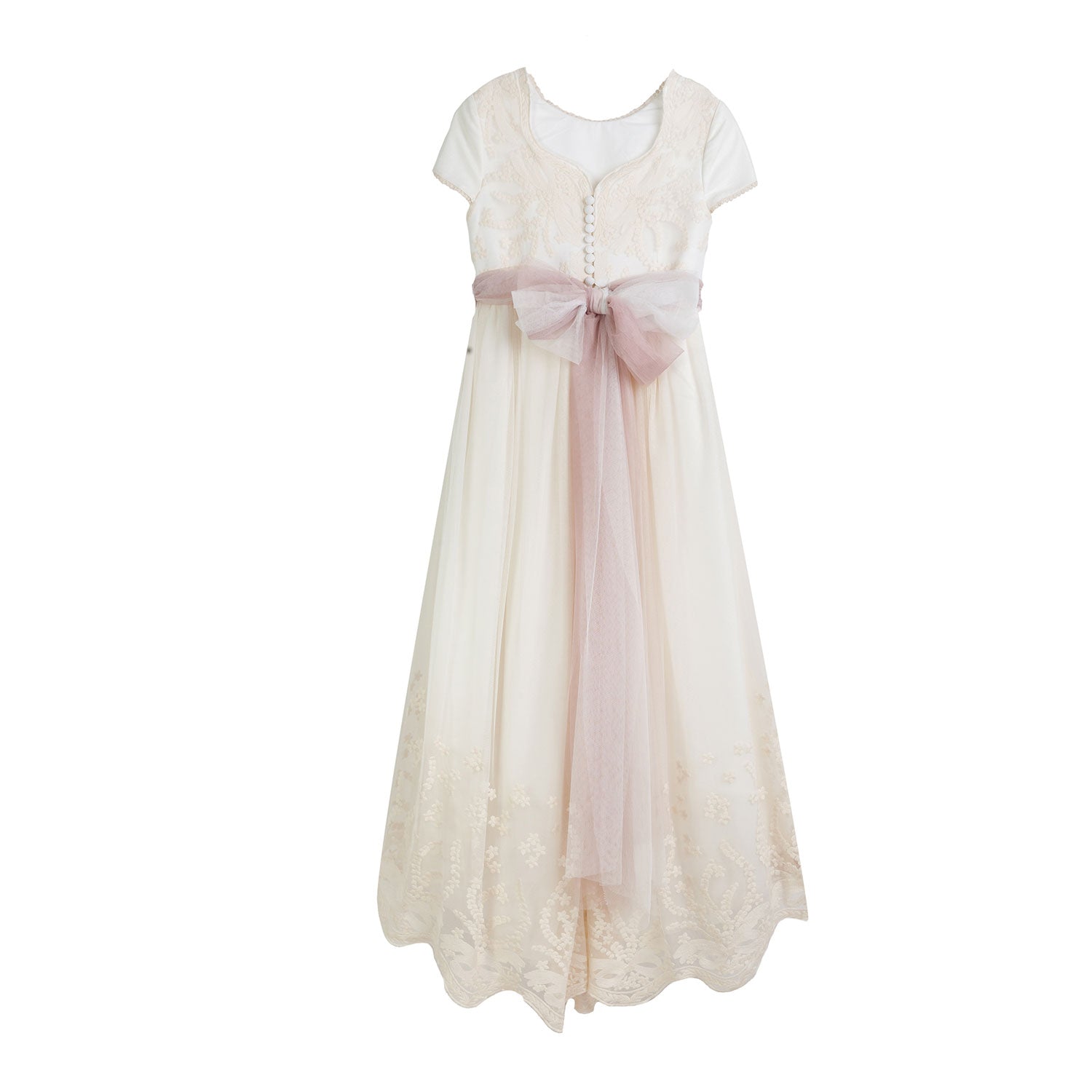 ABITO LUNGO BIANCO NATURALE CON CINTURA TULLE ROSA - annameglio.com abbigliamento moda