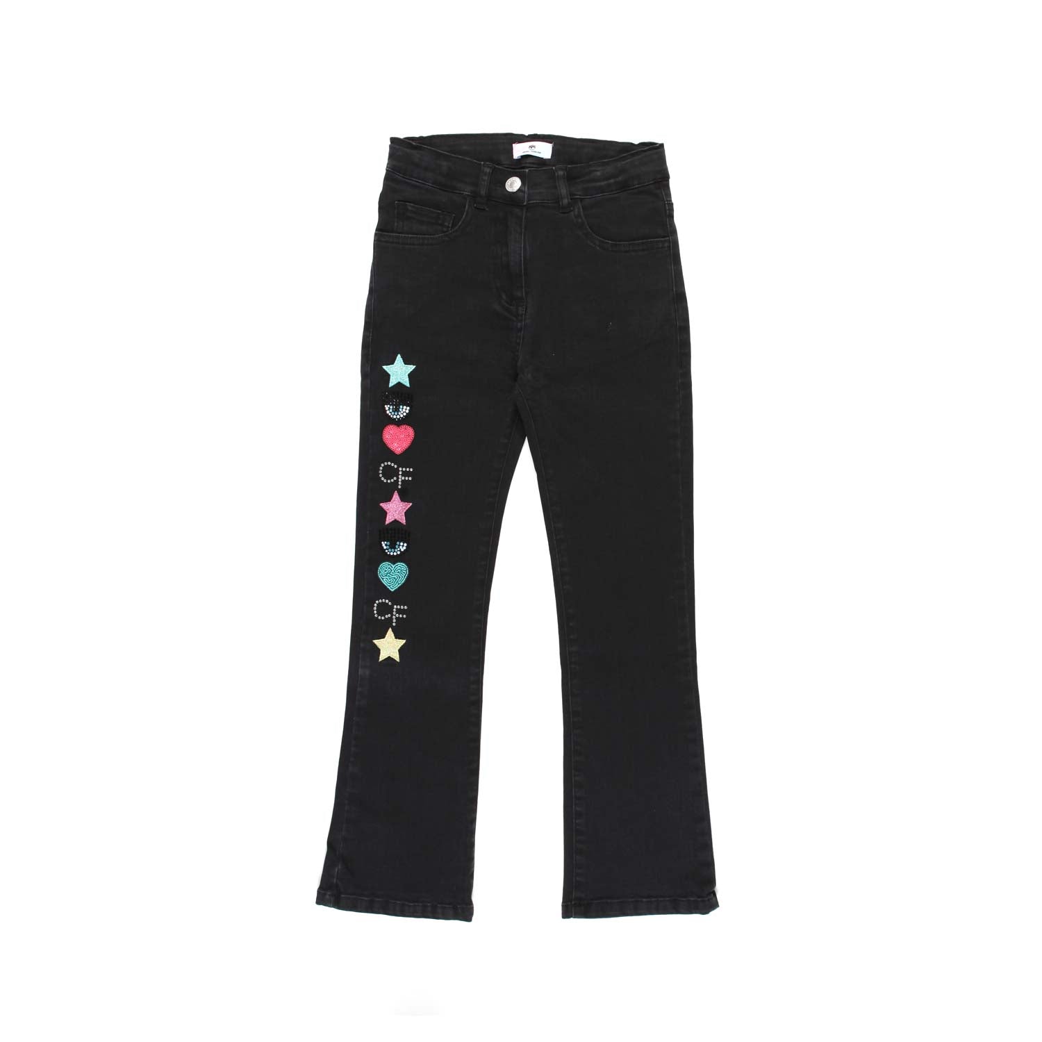 JEANS A TROMBETTA NERI CON PATCH MULTICOLOR - annameglio.com abbigliamento moda