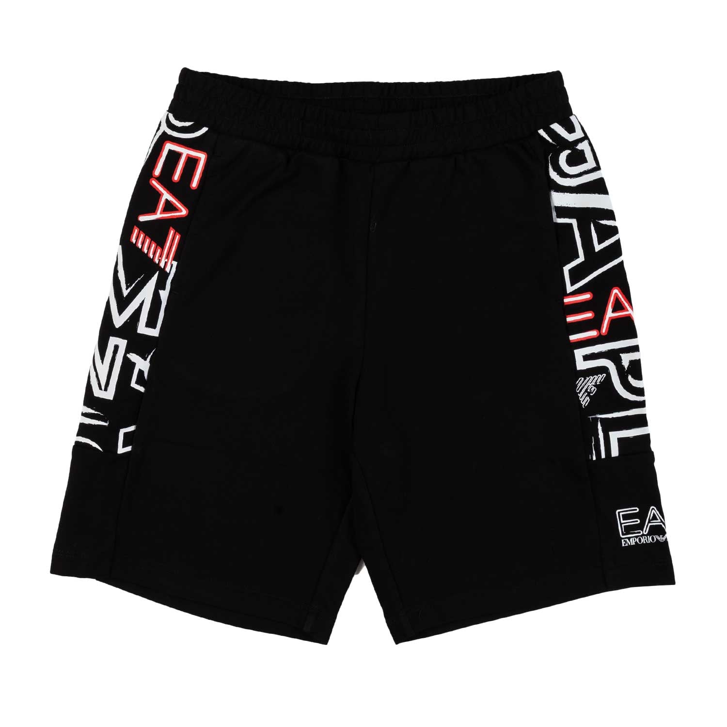 BERMUDA FELPA NERO CON LOGHI EA7 BIANCHI E ROSSI - annameglio.com abbigliamento moda