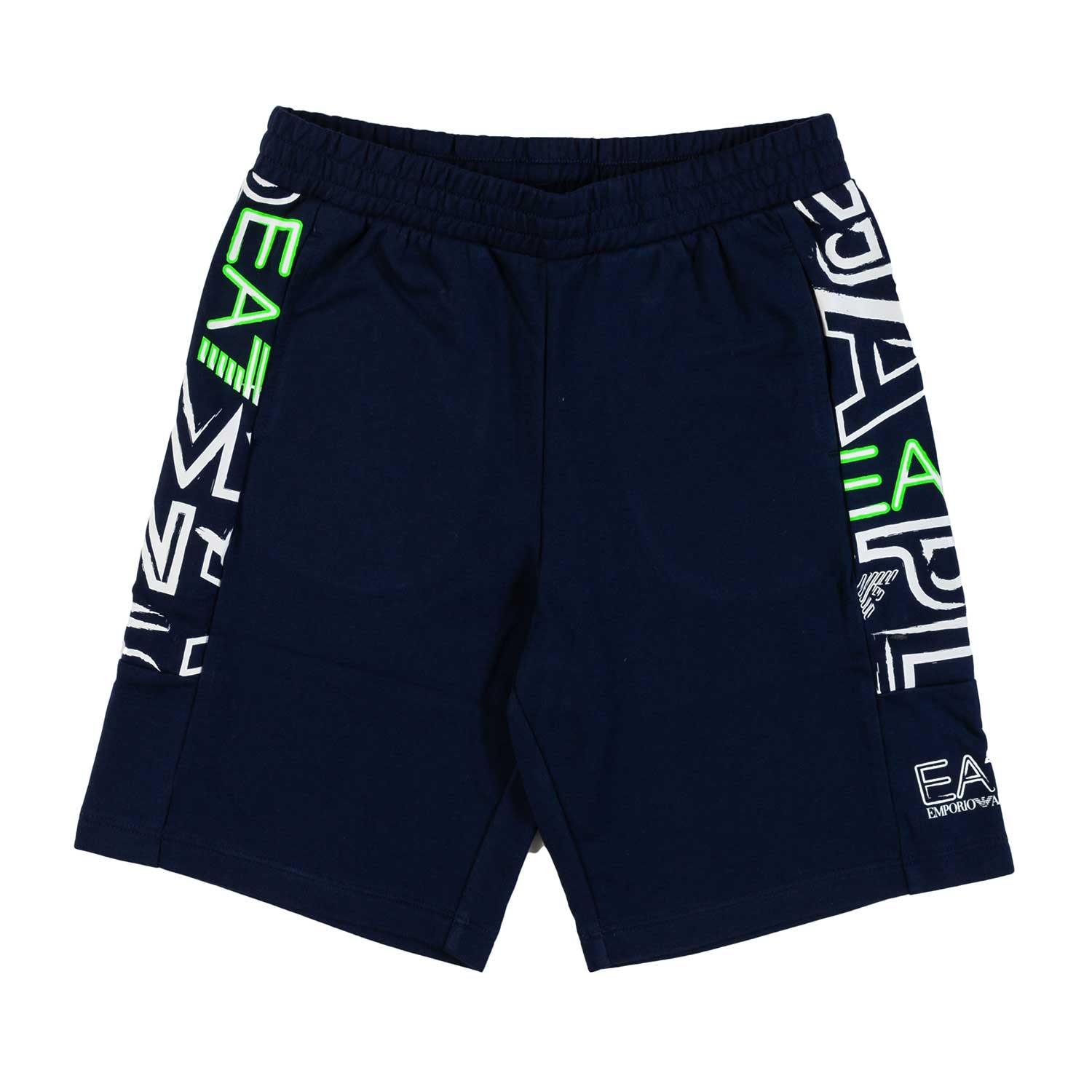 BERMUDA FELPA BLU CON LOGHI EA7 BIANCHI E VERDI - annameglio.com abbigliamento moda