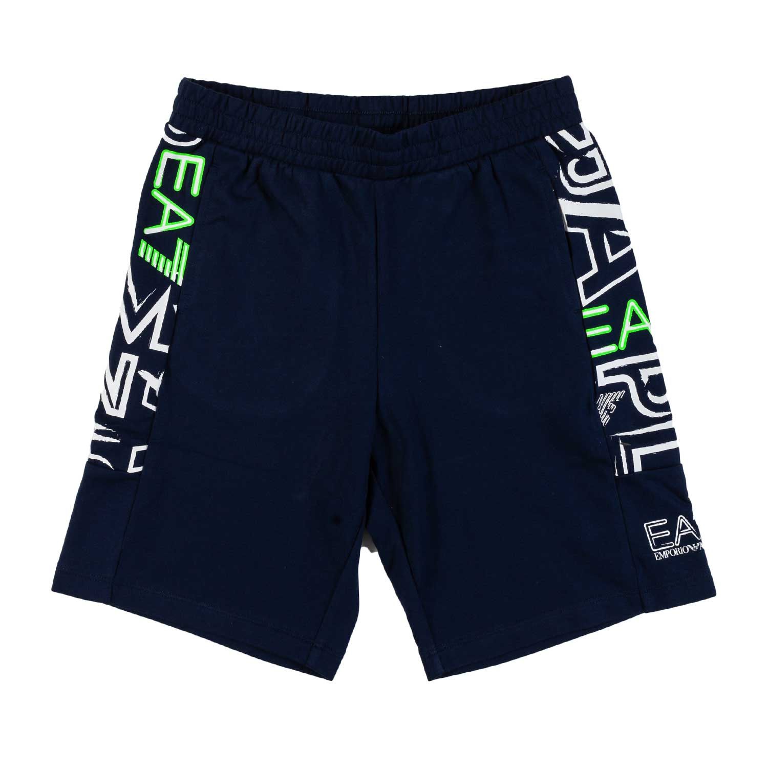 BERMUDA FELPA BLU CON LOGHI EA7 BIANCHI E VERDI - annameglio.com abbigliamento moda