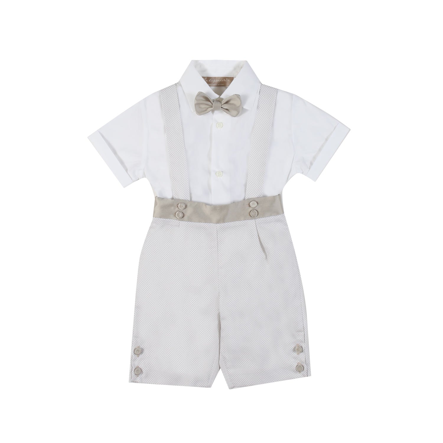 COMPLETINO BIANCO E BEIGE CON BRETELLE E PAPILLON - annameglio.com abbigliamento moda