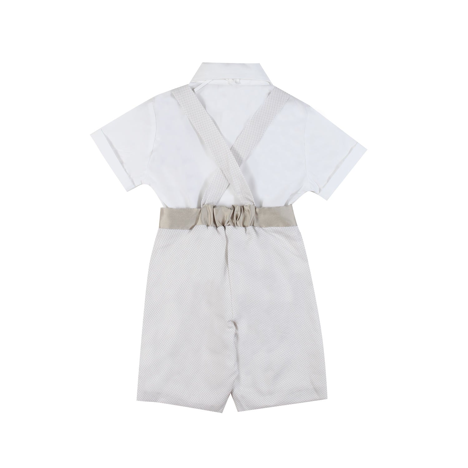 COMPLETINO BIANCO E BEIGE CON BRETELLE E PAPILLON - annameglio.com abbigliamento moda