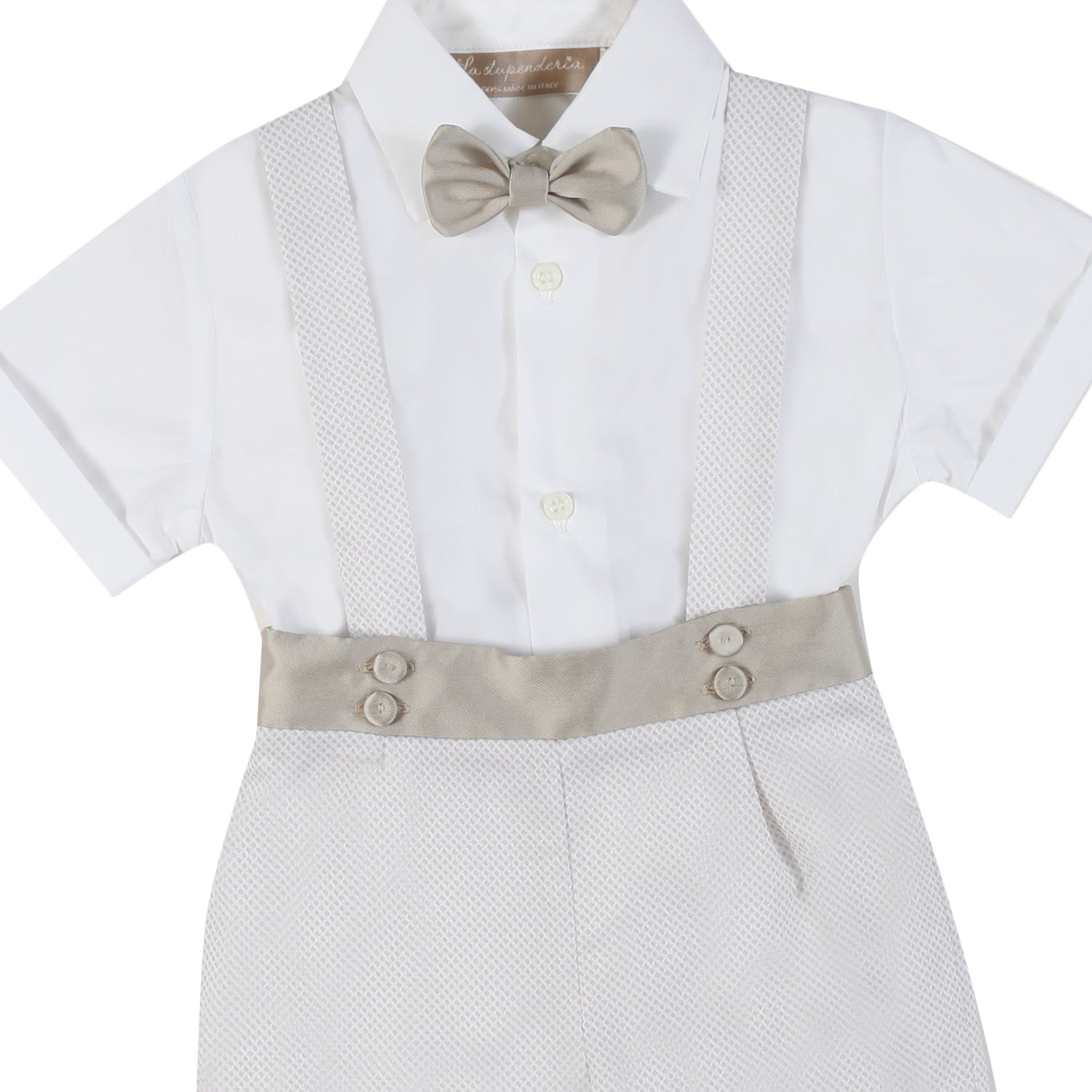 COMPLETINO BIANCO E BEIGE CON BRETELLE E PAPILLON - annameglio.com abbigliamento moda