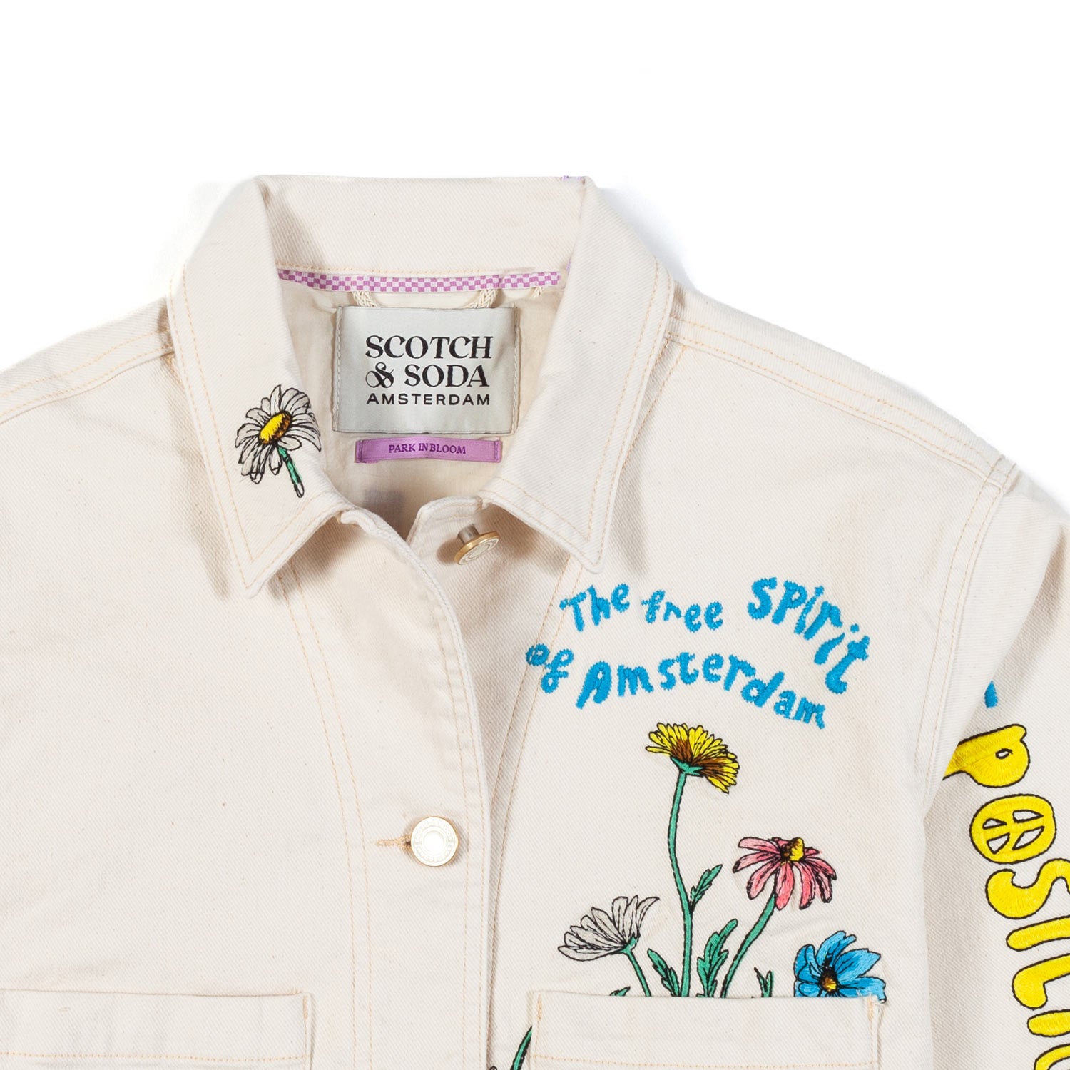 GIACCA DENIM BIANCO CREMA CON RICAMI MULTICOLOR - annameglio.com abbigliamento moda