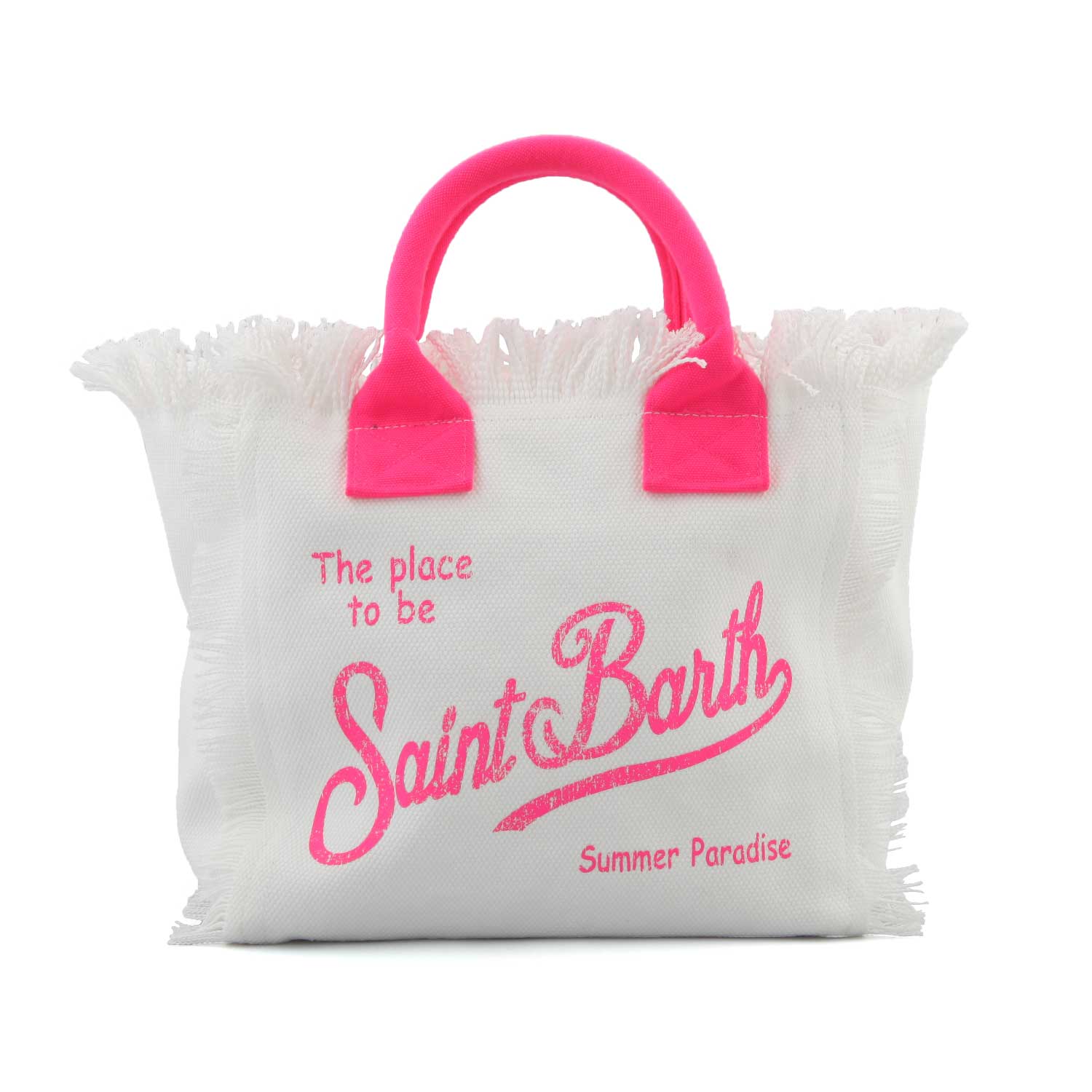 BORSA A MANO COLETTE BIANCA CON LOGHI ROSA FLUO - annameglio.com abbigliamento moda