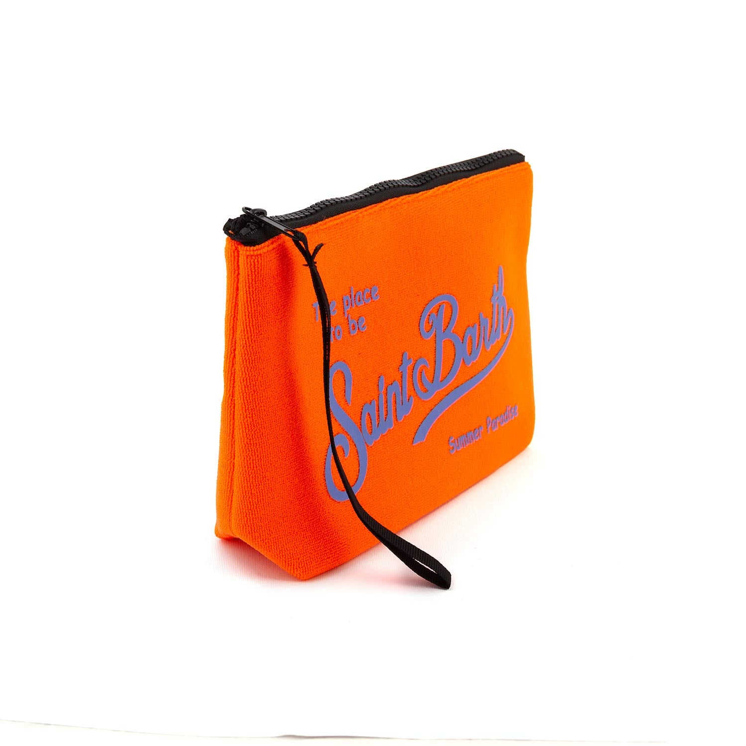 POCHETTE ALINE SPONGE ARANCIO FLUO CON LOGHI VIOLA - annameglio.com abbigliamento moda