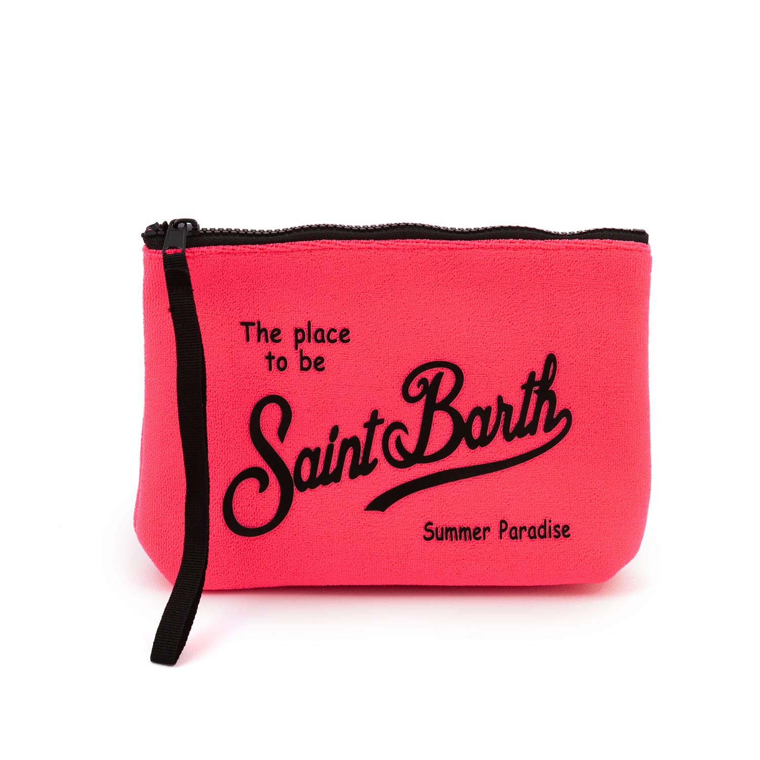 POCHETTE ALINE SPONGE ROSA FLUO CON LOGHI NERI - annameglio.com abbigliamento moda