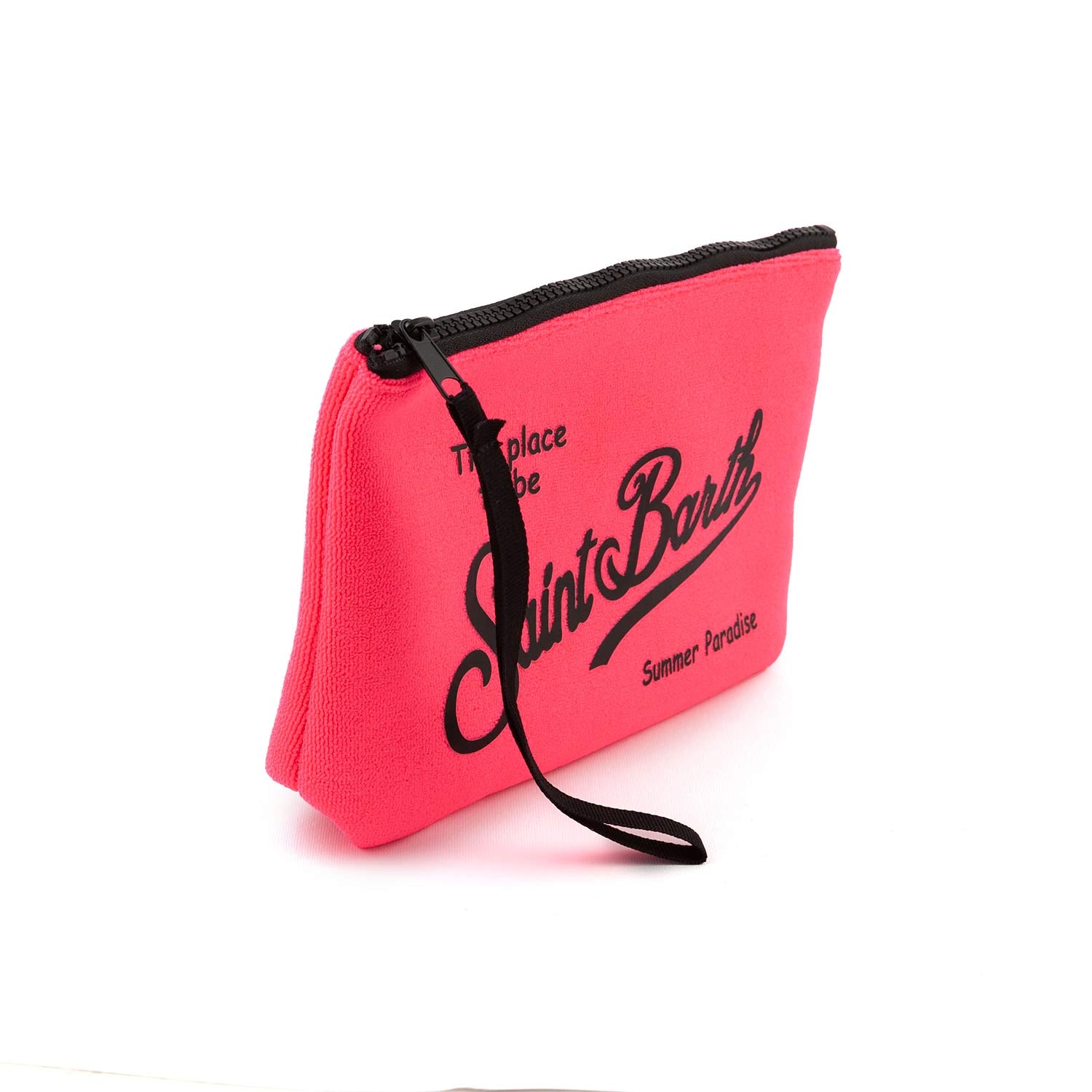 POCHETTE ALINE SPONGE ROSA FLUO CON LOGHI NERI - annameglio.com abbigliamento moda