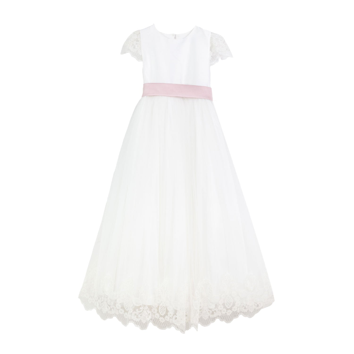 ABITO AVORIO LUNGO CON CINTA ROSA BAMBINA - annameglio.com abbigliamento moda