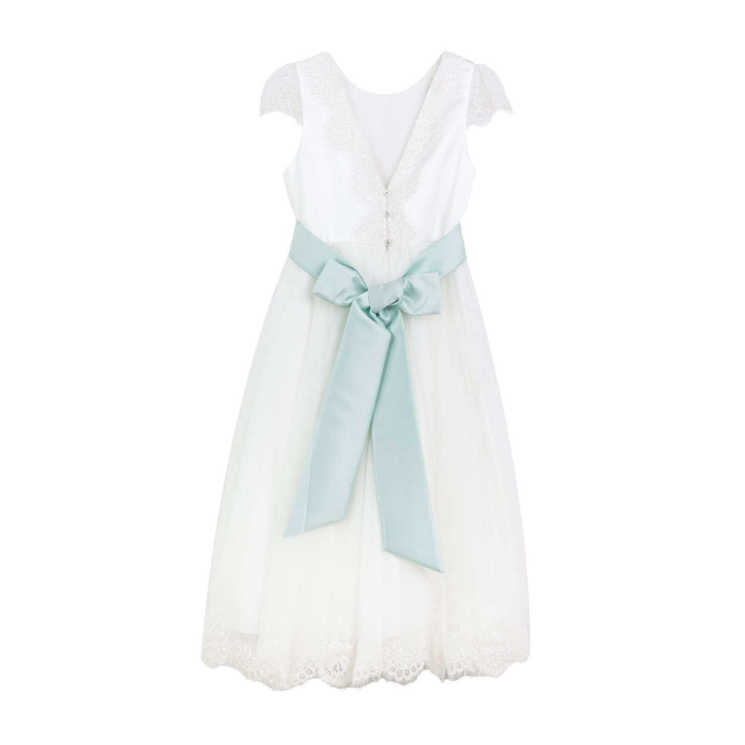 ABITO AVORIO LUNGO CON CINTA VERDE ACQUA - annameglio.com abbigliamento moda