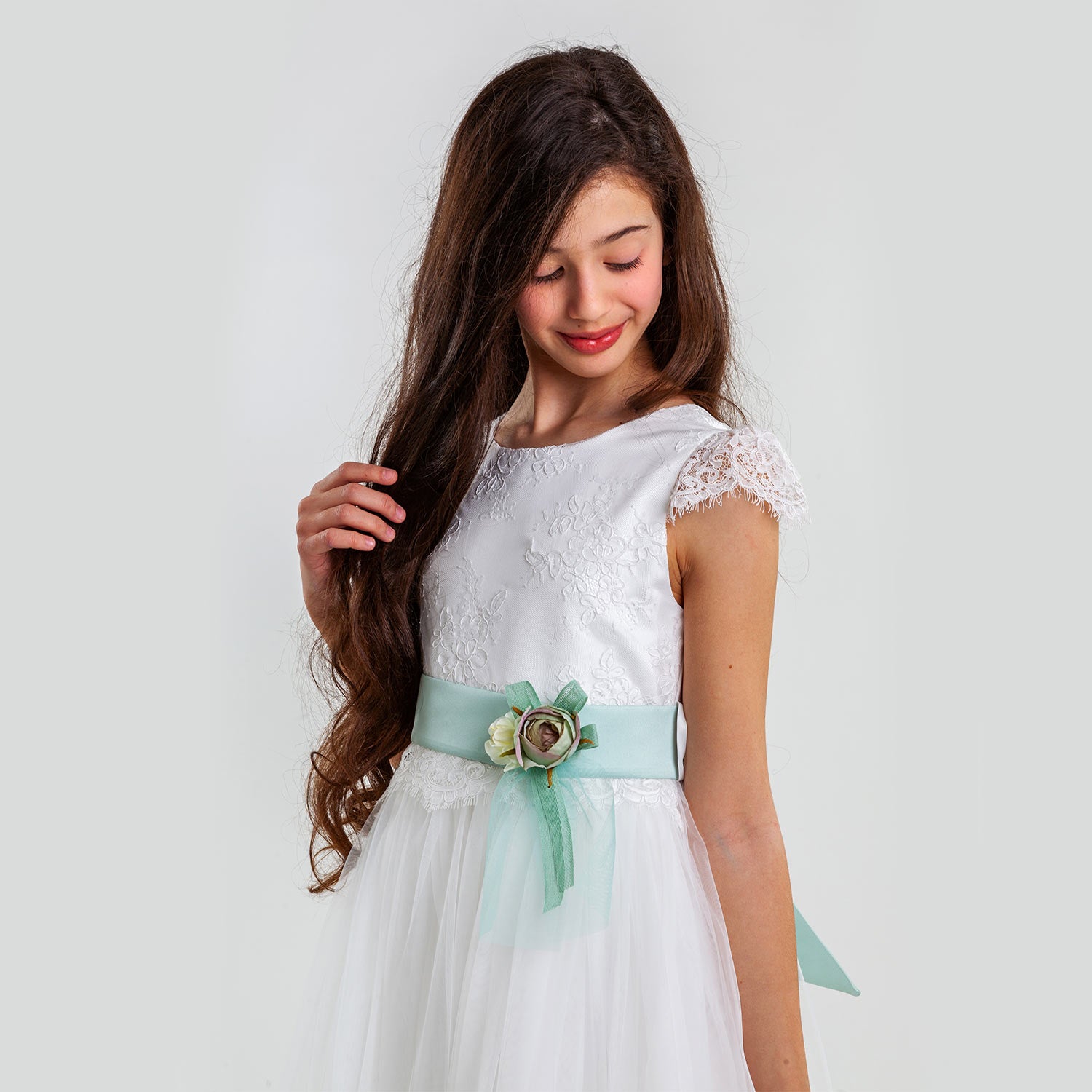 ABITO AVORIO LUNGO CON CINTA VERDE ACQUA - annameglio.com abbigliamento moda