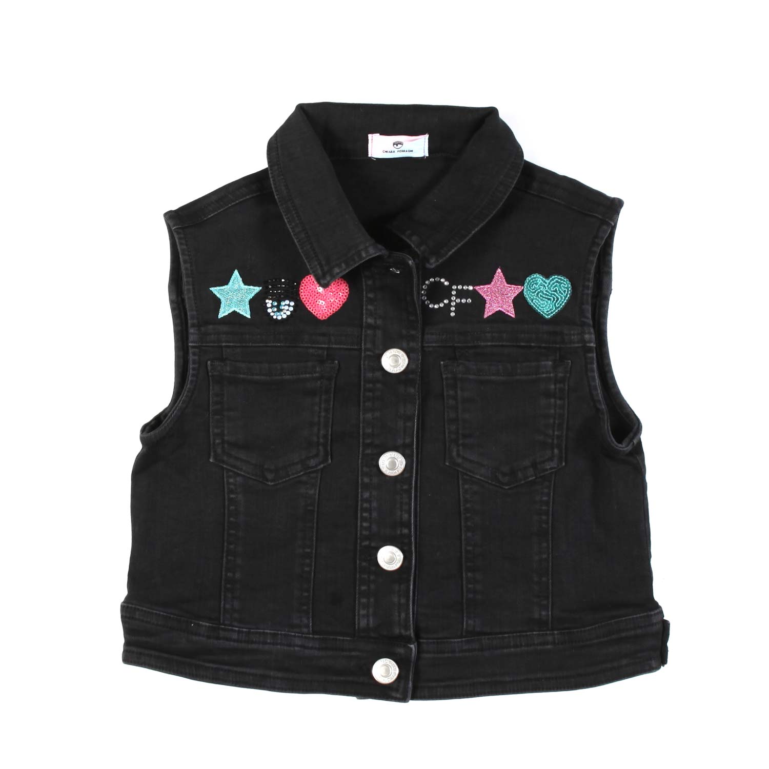 GILET DI JEANS NERO CON PATCH MULTICOLOR - annameglio.com abbigliamento moda