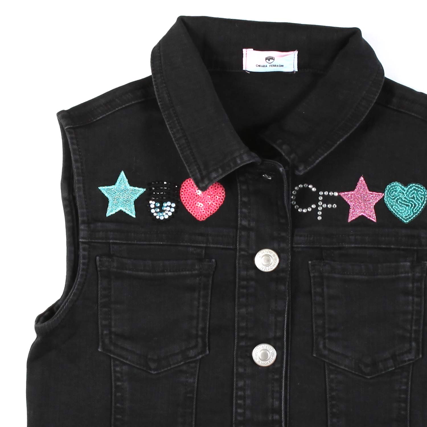 GILET DI JEANS NERO CON PATCH MULTICOLOR - annameglio.com abbigliamento moda