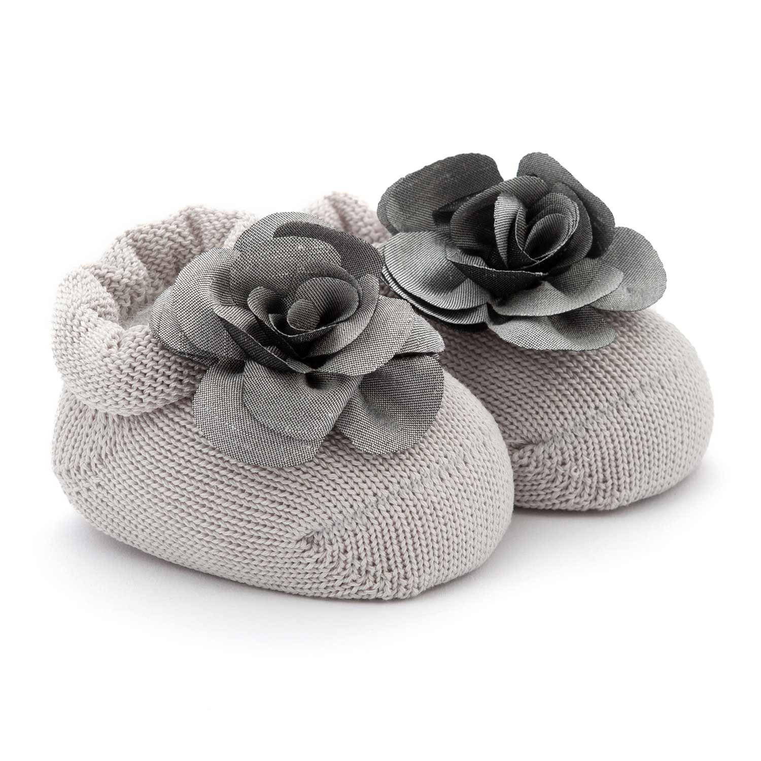BABBUCCE TRICOT GRIGIO PERLA CON FIORE NEONATA - annameglio.com abbigliamento moda