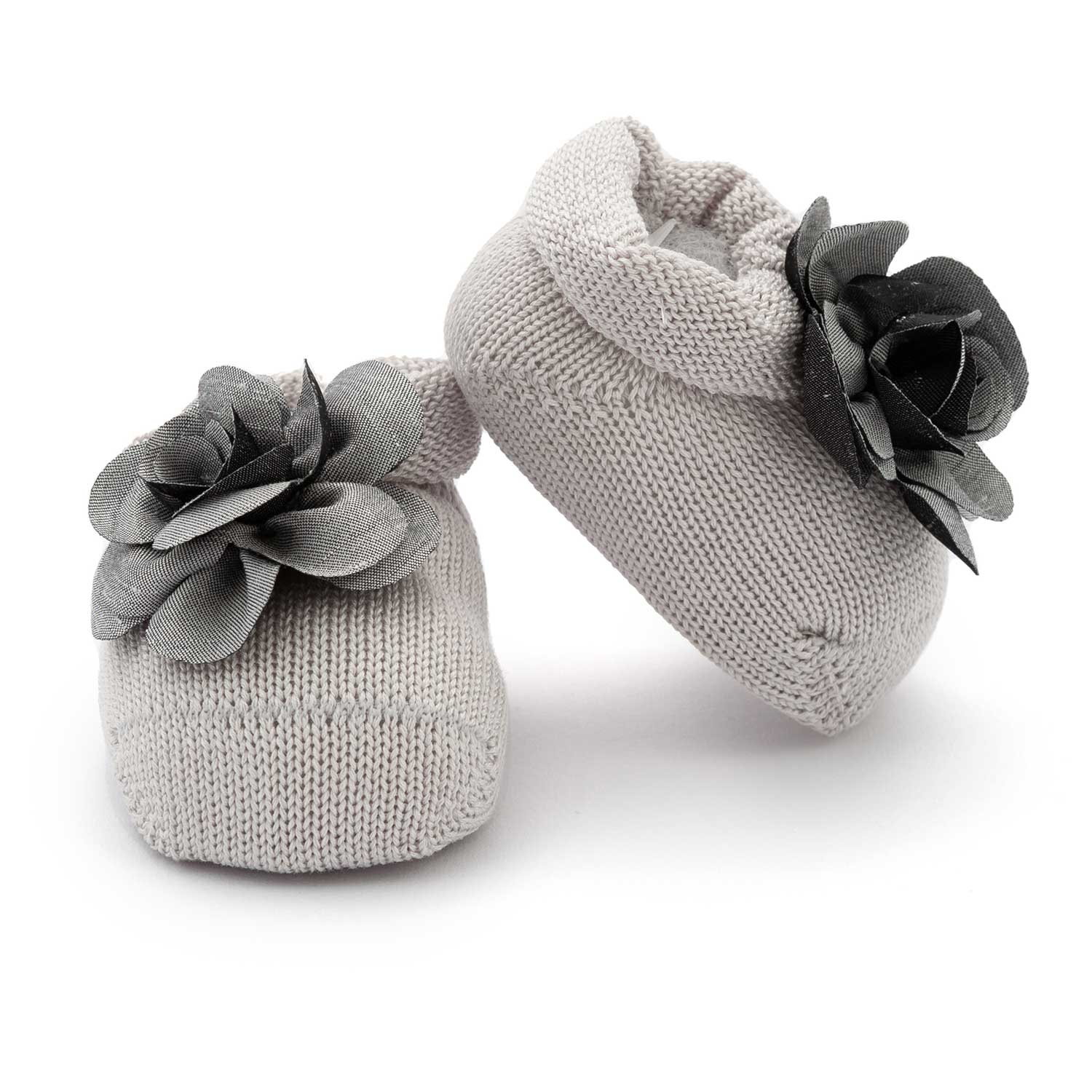 BABBUCCE TRICOT GRIGIO PERLA CON FIORE NEONATA - annameglio.com abbigliamento moda
