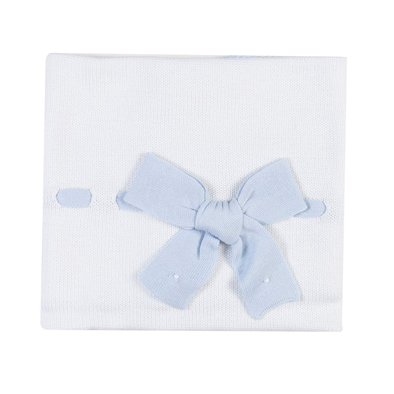 COPERTA MAGLIA DI COTONE BIANCA CON FIOCCO CELESTE - annameglio.com abbigliamento moda