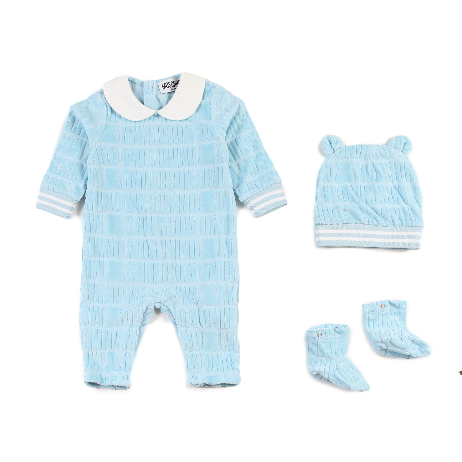 Set regalo Moschino Baby con tutina celeste - annameglio.com abbigliamento moda
